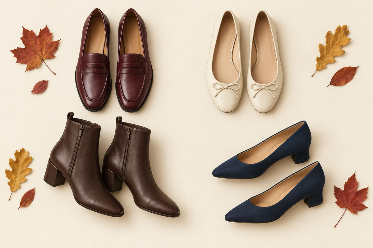 Illustrated flat lay of burgundy loafers, cream ballet flats, brown ankle boots, and navy low-heeled pumps with autumn leaves.