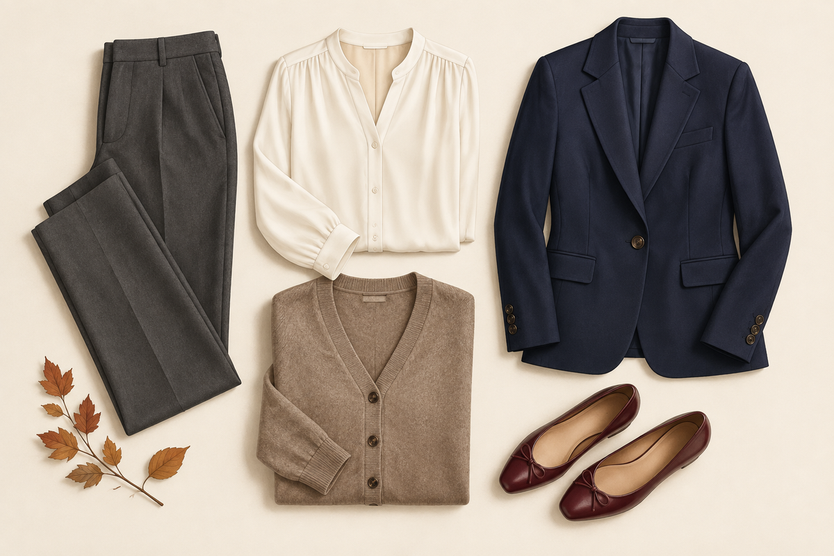 Illustrated flat lay of a navy blazer, cream blouse, taupe cardigan, charcoal trousers, and burgundy flats.