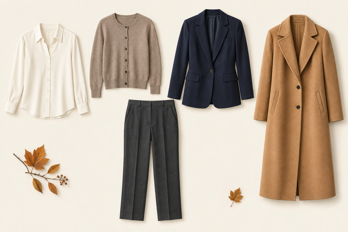 Illustrated flat lay of a cream blouse, taupe cardigan, navy blazer, camel coat, and charcoal trousers on an ivory background.