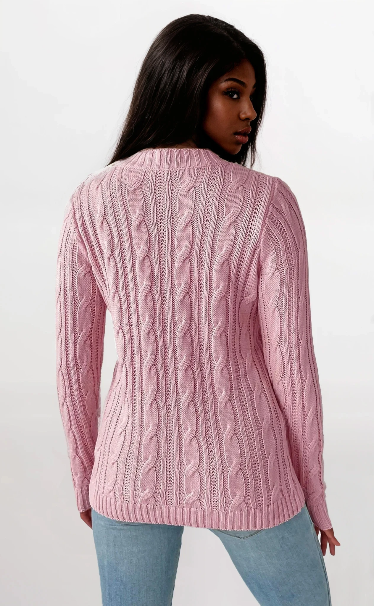 Light blue clear cable-knit crew neck sweater from Trendsi, featuring a cozy, textured knit pattern and classic fit.