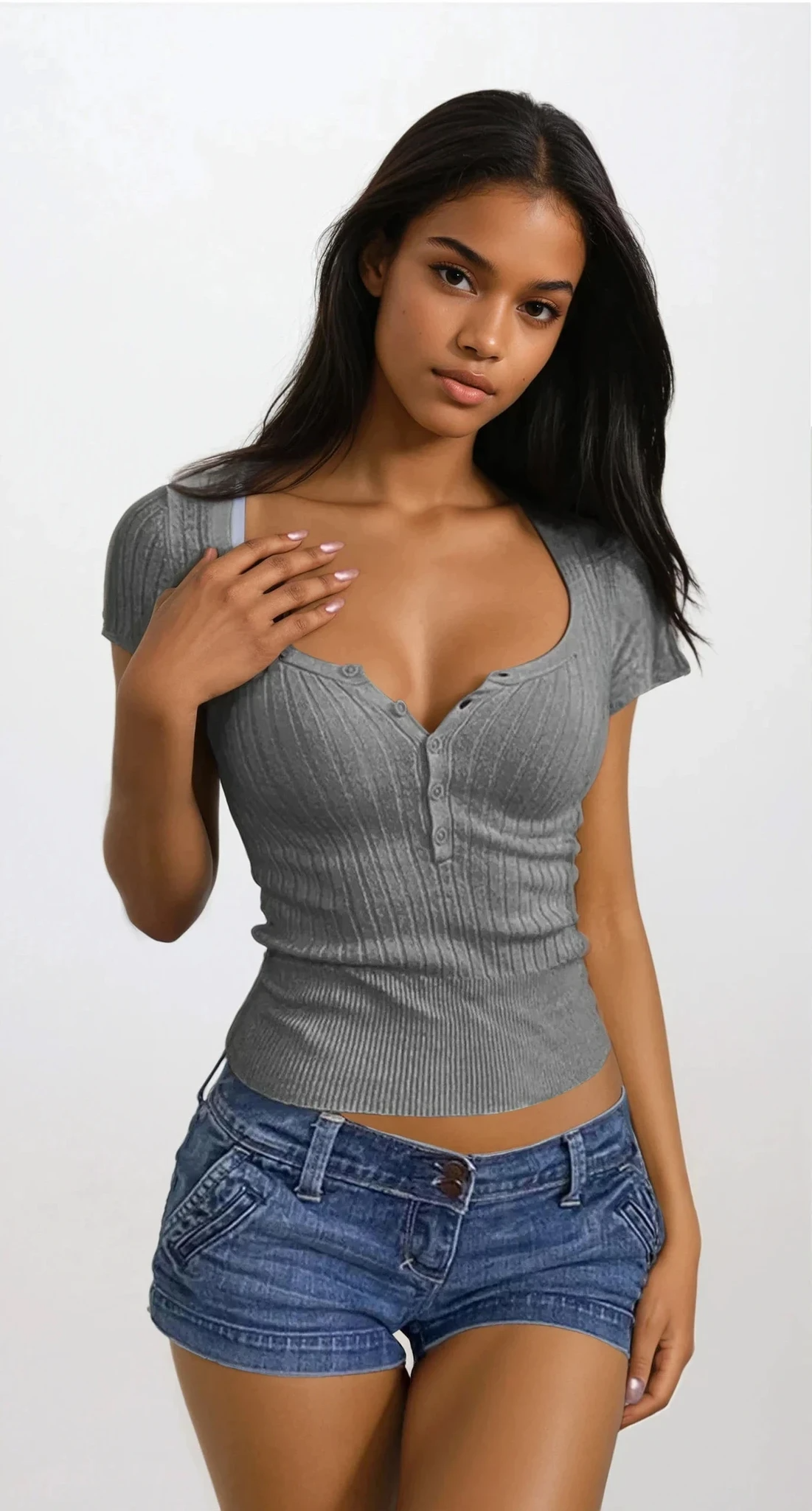 Half Button Scoop Neck Short Sleeve Knit Top