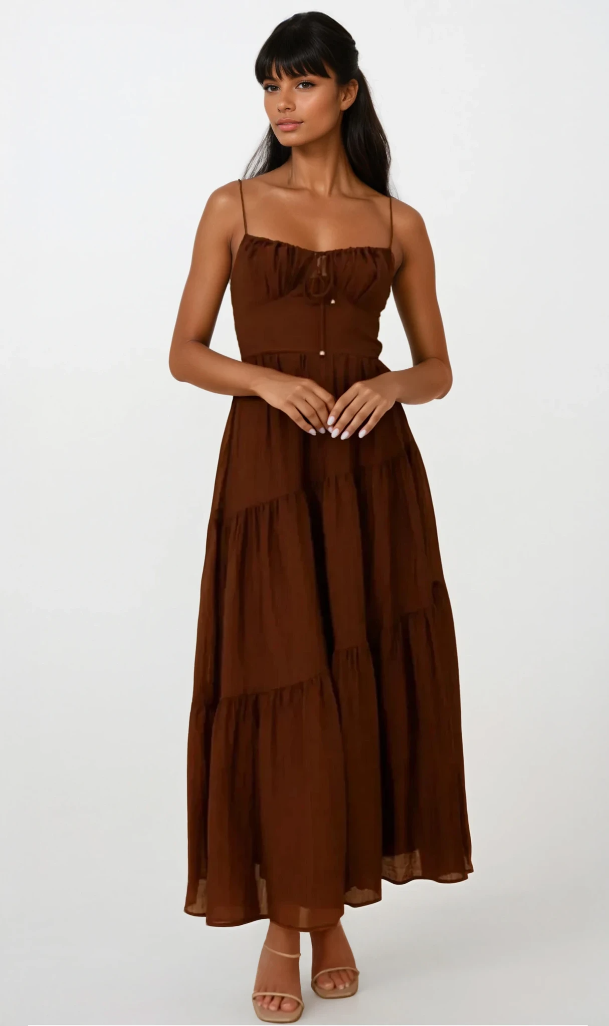 Selene Ruched Smocked Back Cami Maxi Dress in light fabric, featuring a fitted bodice, ruffled neckline, and adjustable straps.