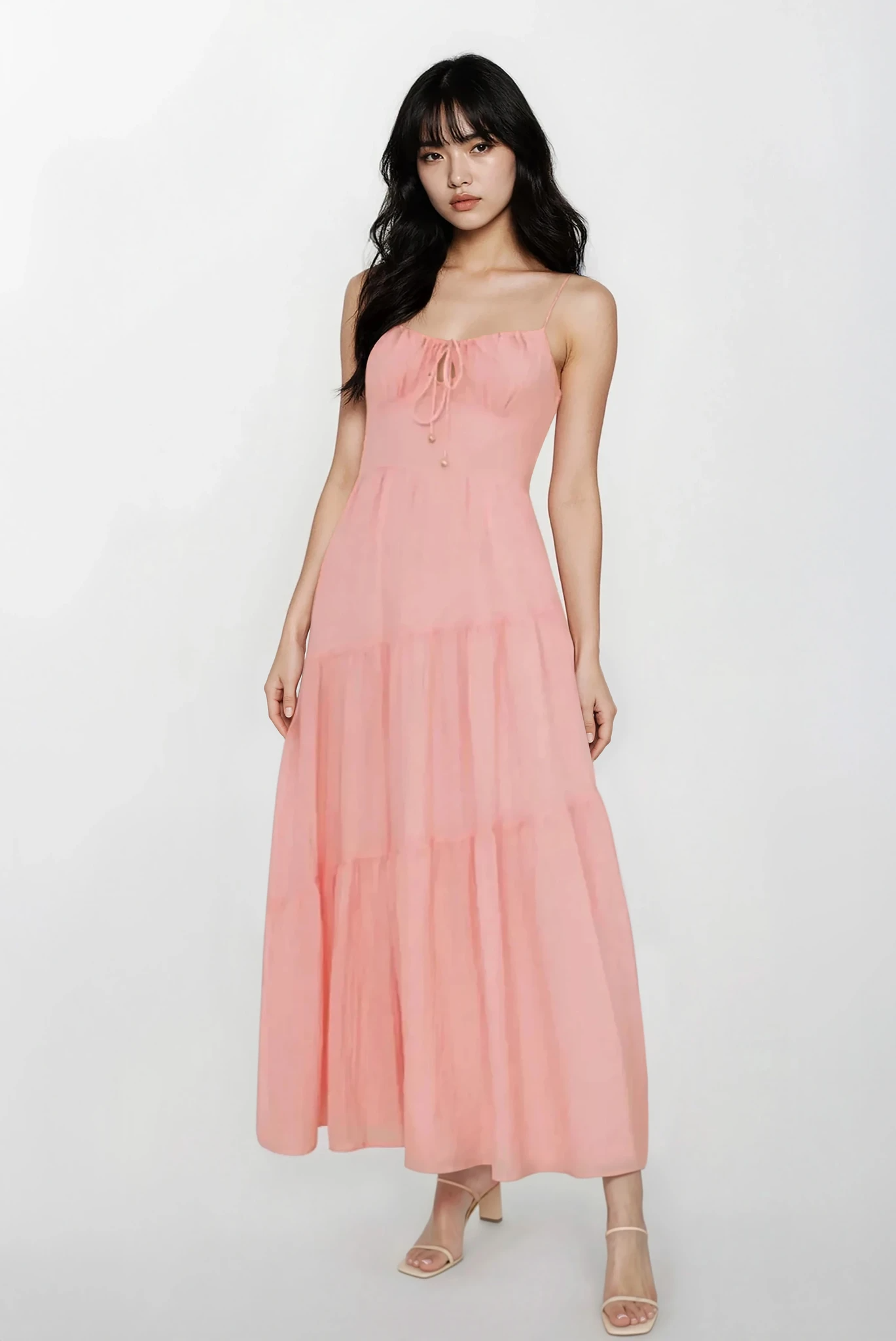 Selene Ruched Smocked Back Cami Maxi Dress in light fabric, featuring a fitted silhouette, adjustable straps, and ruched detailing.