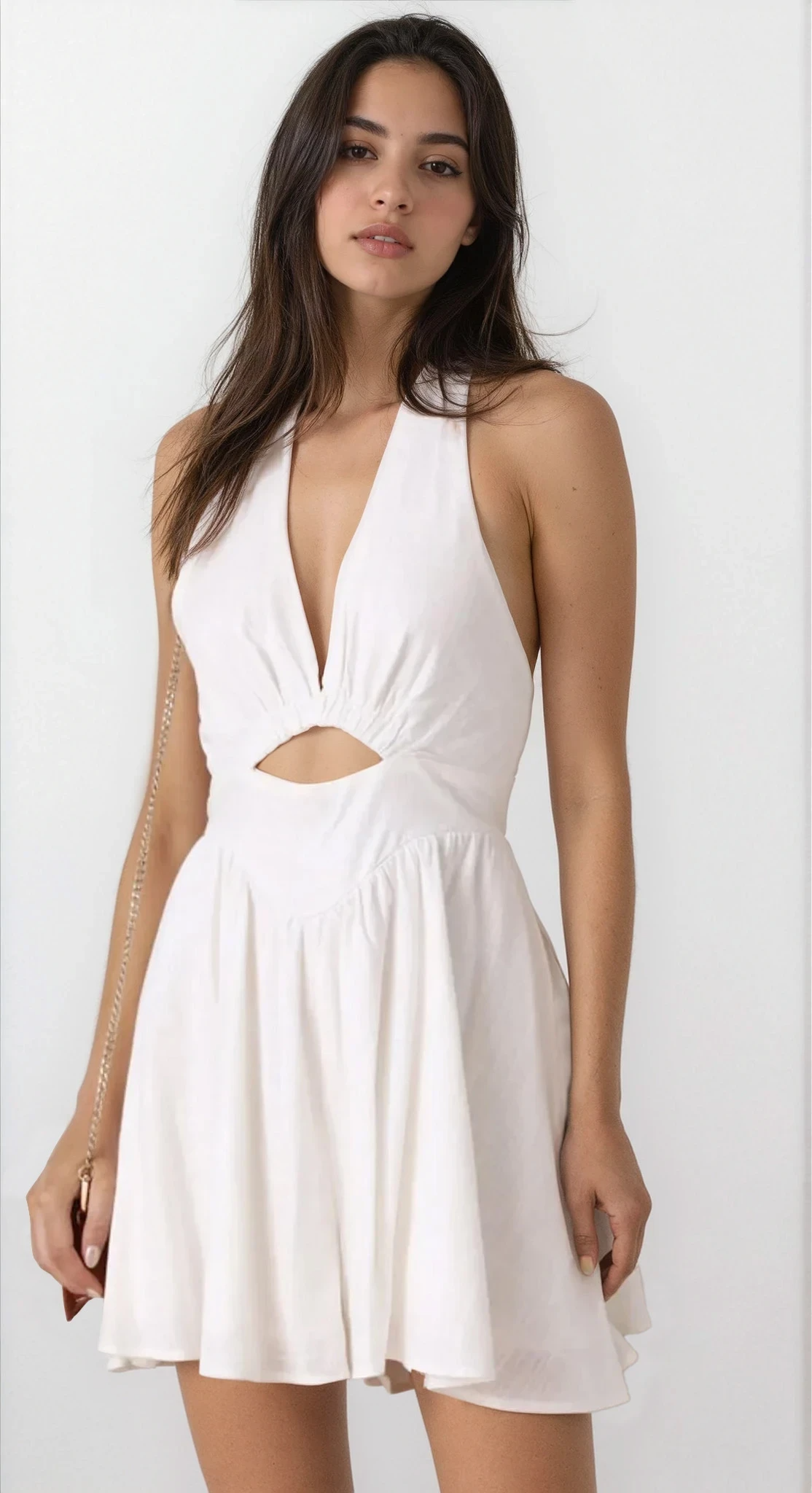 Light blue Lumina Cutout Halter Neck Mini Dress by Trendsi featuring a fitted silhouette and stylish cutout details.