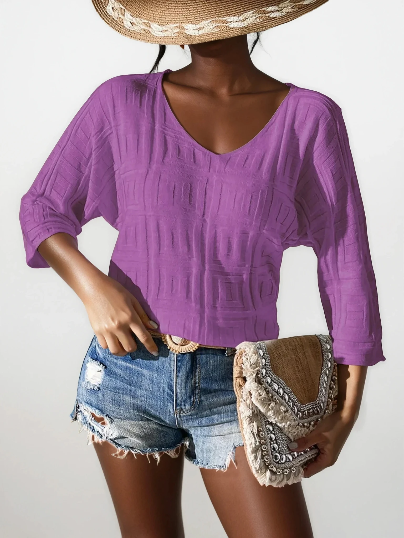 Trendsi Maze V-neck three-quarter sleeve knit top, light-colored, stylish women's clothing with a fitted design and soft fabric.
