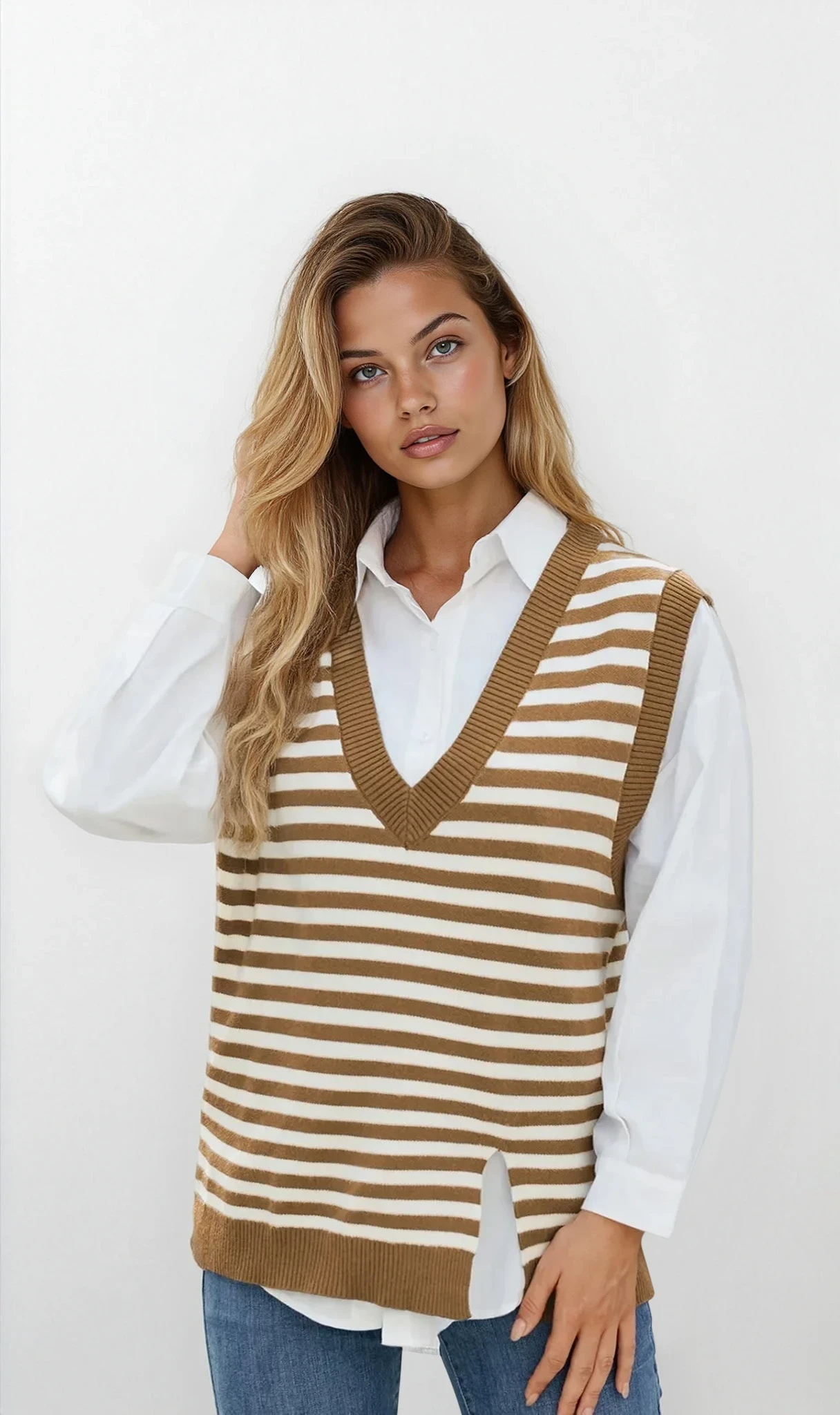 Noble Slit V-Neck Striped Sweater Vest
