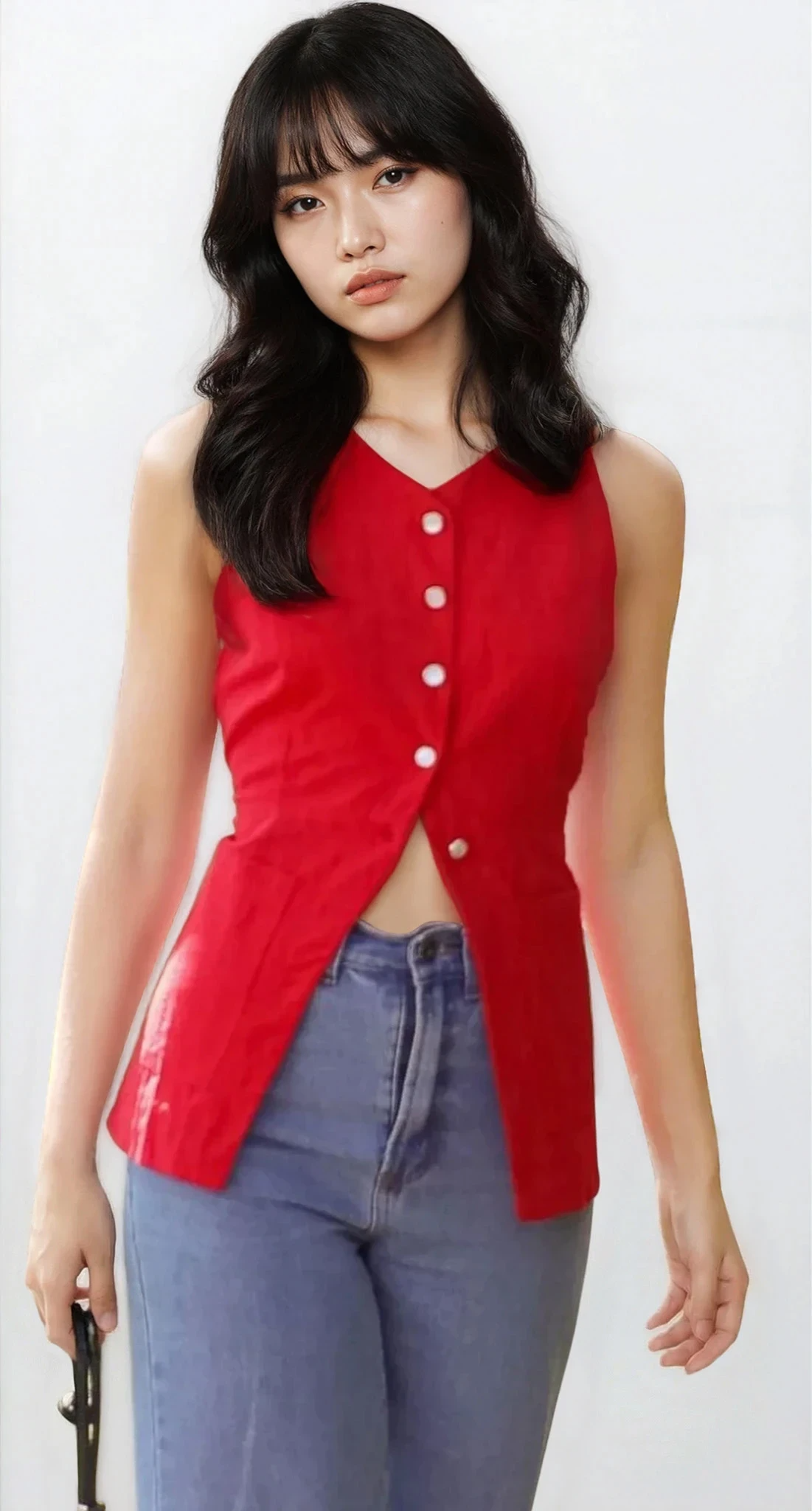 Light blue Trace Button Down V-Neck Vest from Trendsi, featuring a sleek button front and V-neck design, displayed on a hanger.