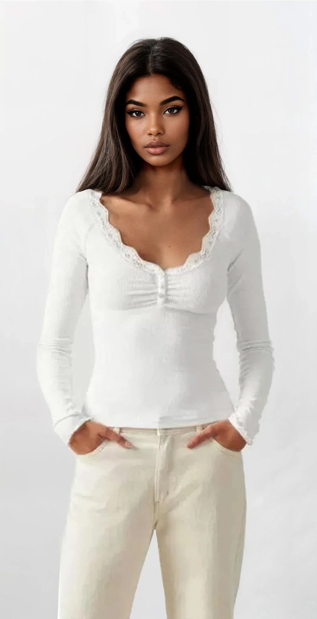 Lace Trim Scoop Neck Long Sleeve