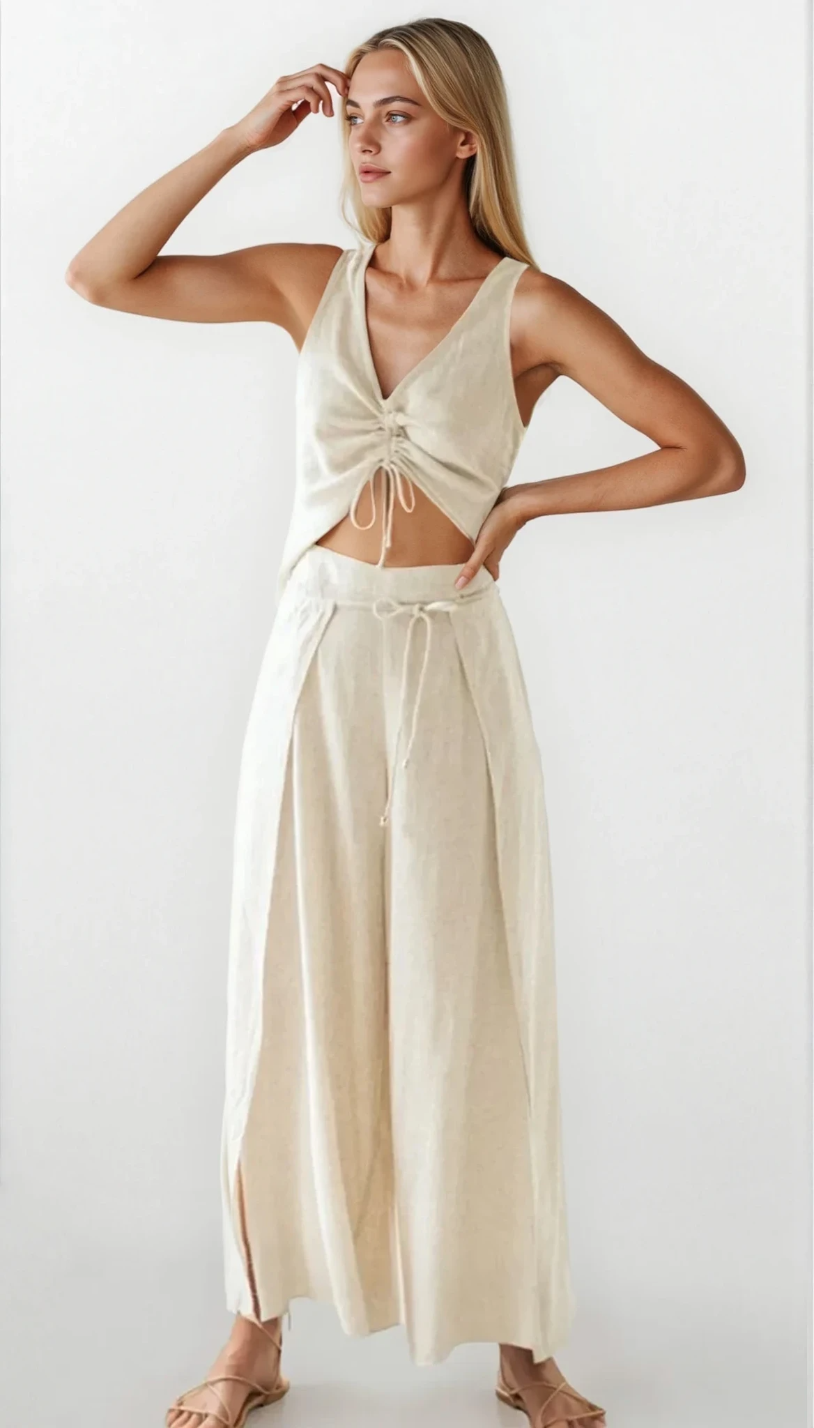Light blue Divine V-Neck Tank and Pants Set by Trendsi, featuring a sleeveless top and matching wide-leg pants on a model.