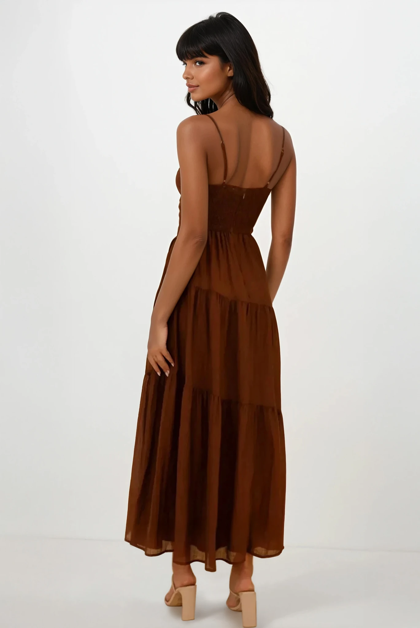 Selene Ruched Smocked Back Cami Maxi Dress in light fabric with adjustable straps and ruched detailing, perfect for casual or dressy occasions.