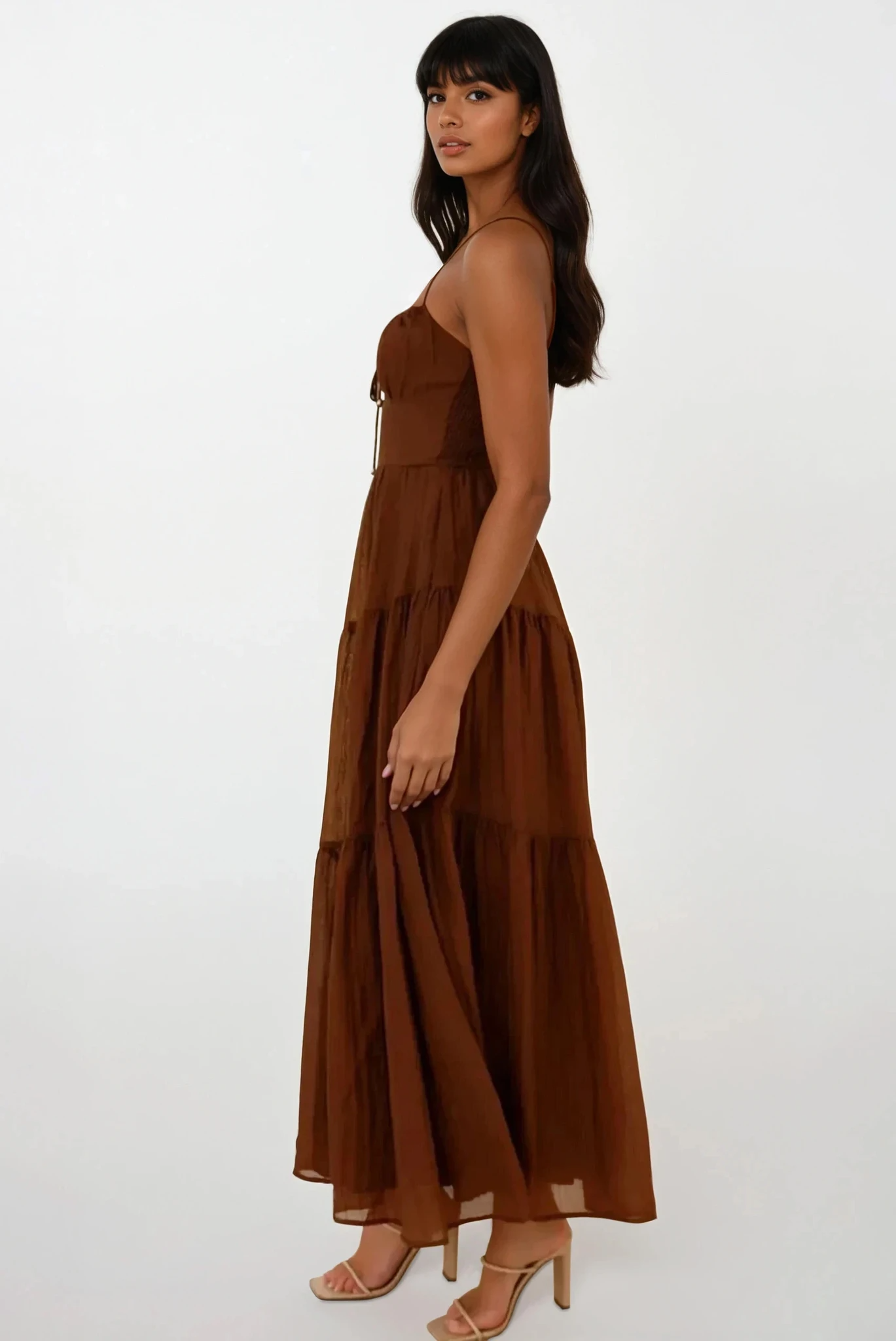 Light-colored Selene Ruched Smocked Back Cami Maxi Dress by Trendsi, featuring a fitted silhouette and delicate ruching details.