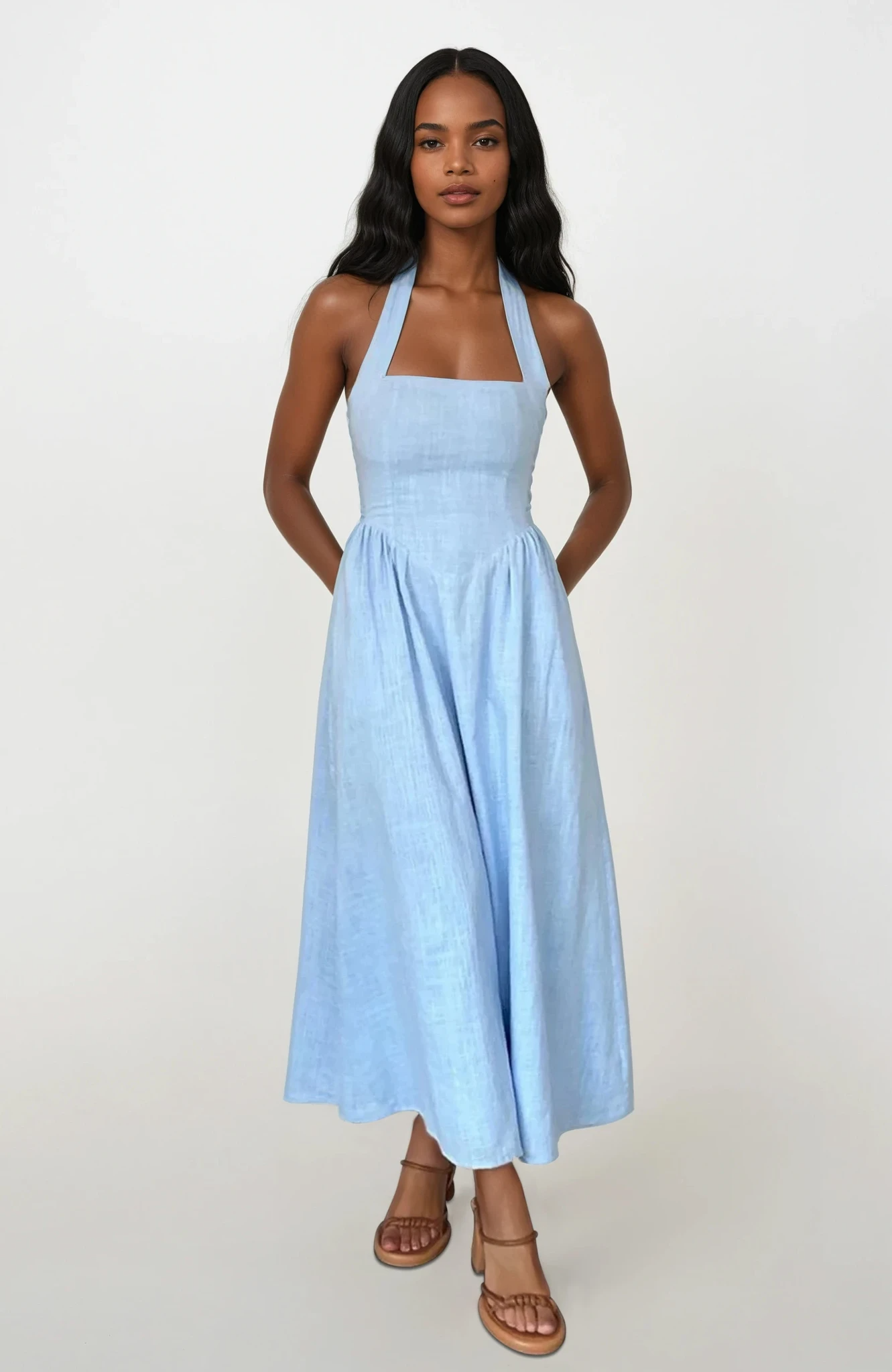 Ruched Halter Neck Midi Dress
