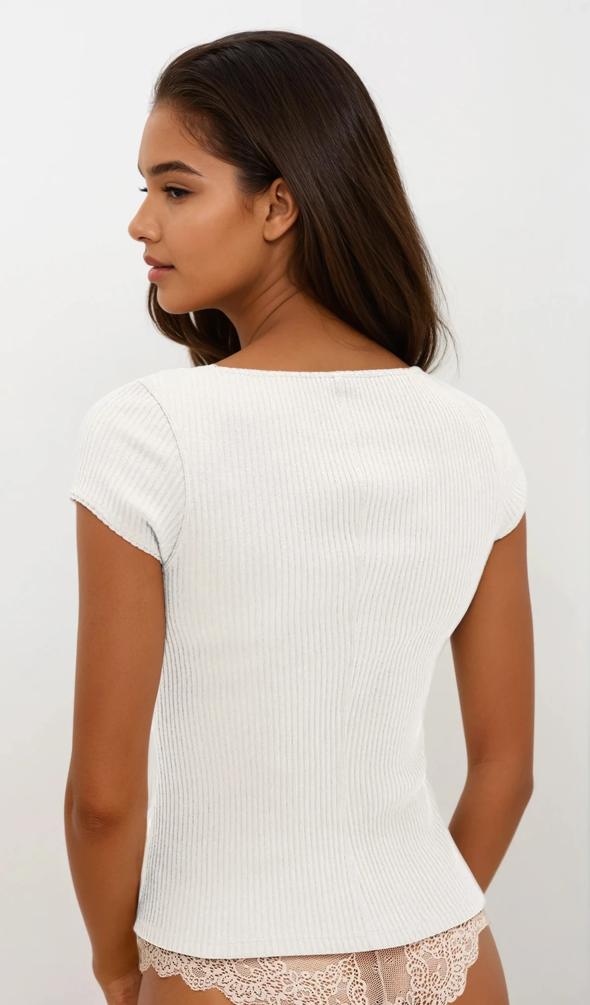 Ribbed Round Neck Button Up Short Sleeve