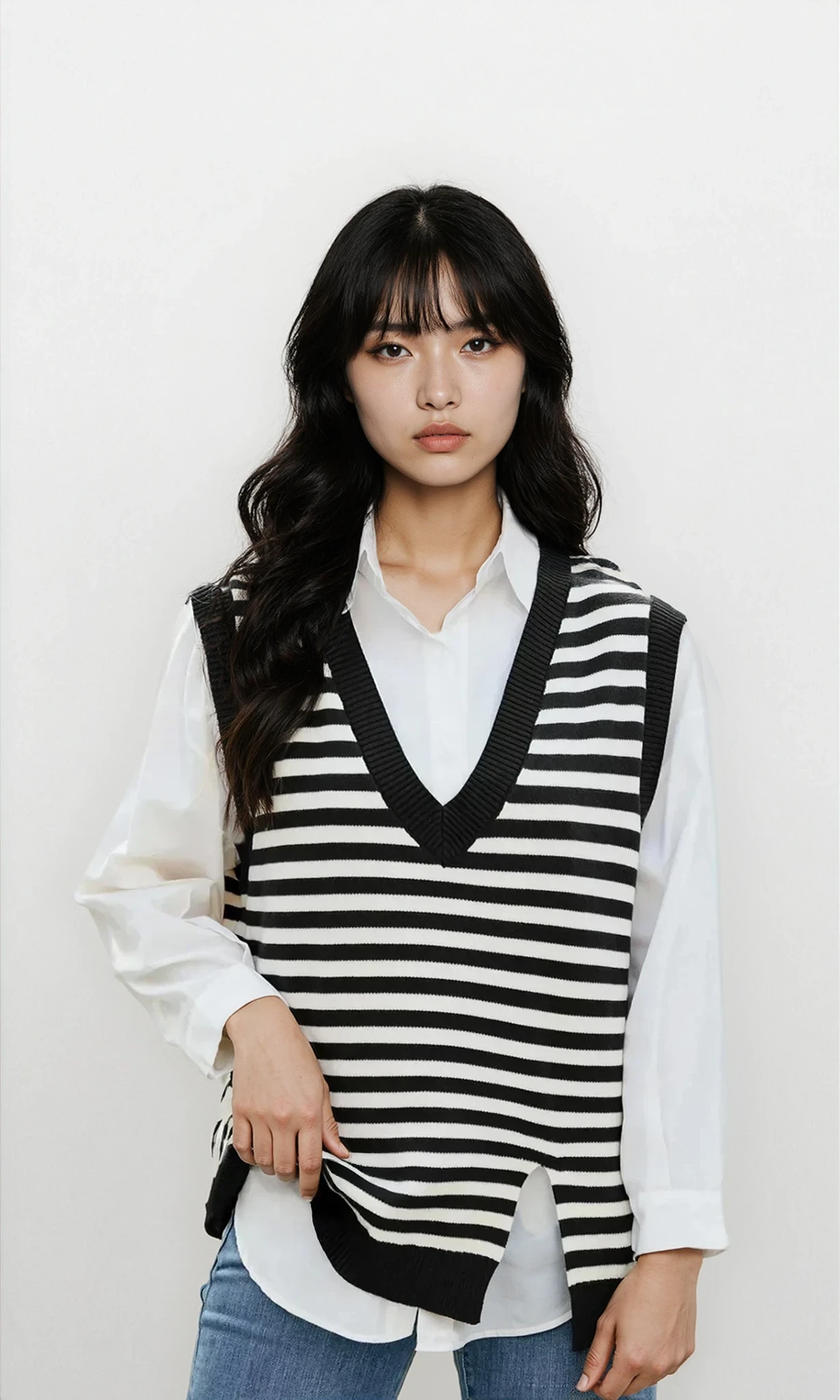 Noble Slit V-Neck Striped Sweater Vest