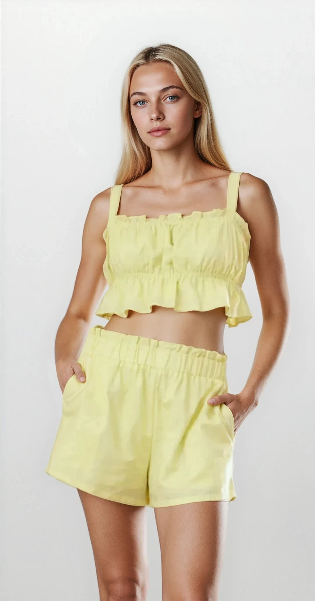 Ines Ruffle Square Neck Cami and Short Set from Trendsi, featuring feminine ruffle details and a stylish coordinated look.