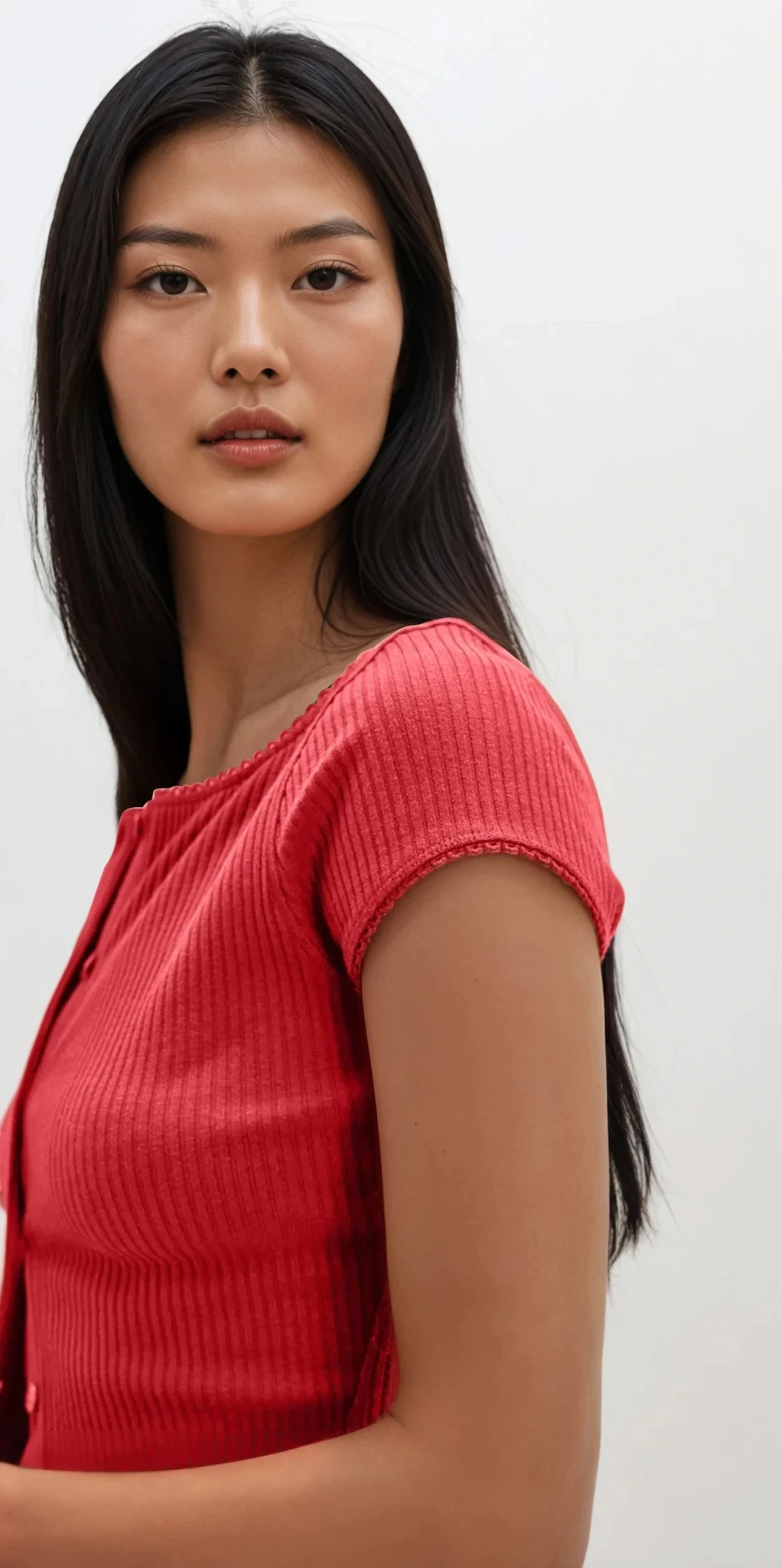 Ribbed Round Neck Button Up Short Sleeve