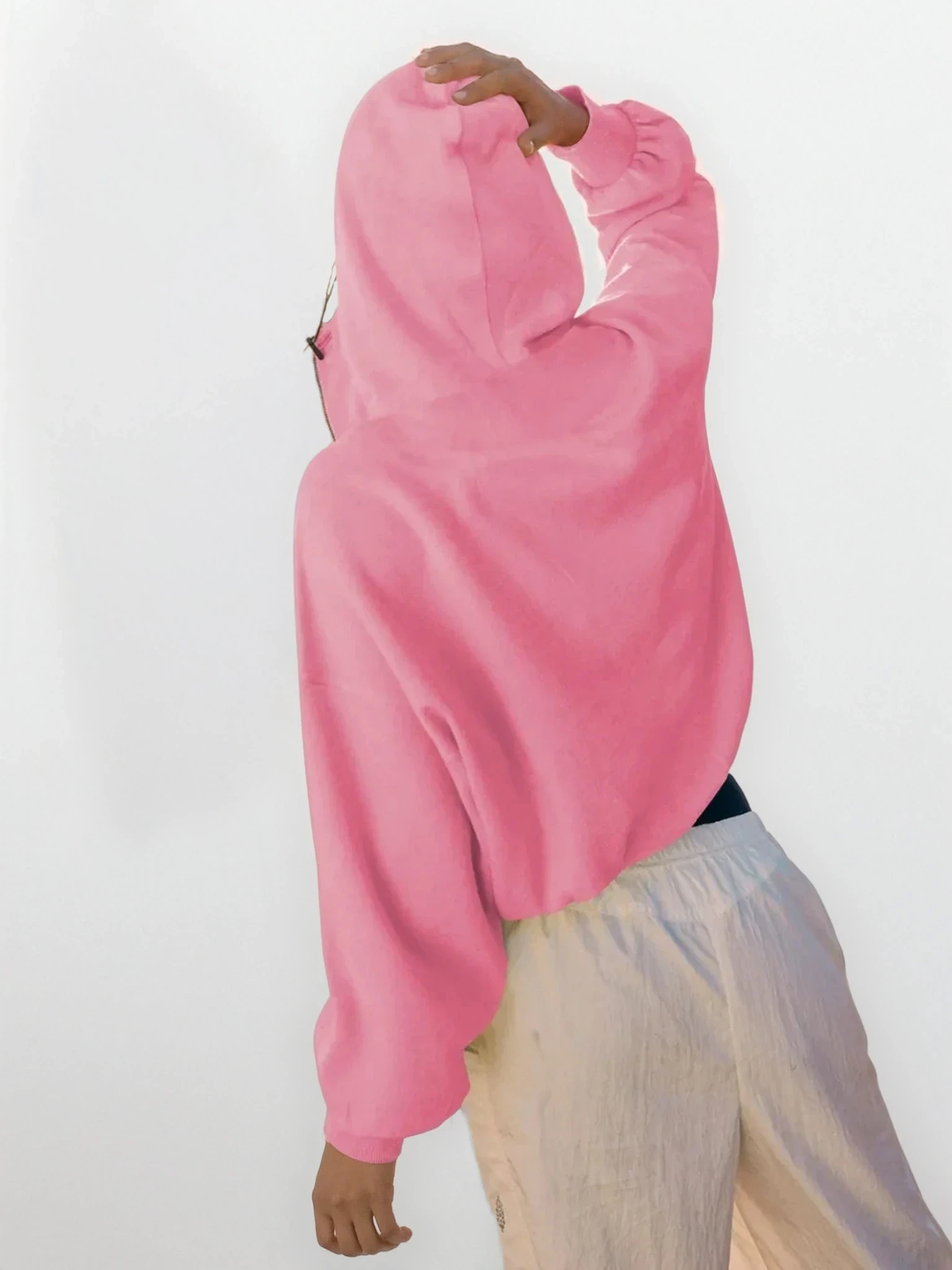 Light gray Pure Form half zip hoodie with dropped shoulders, casual clothing from Trendsi, shown on a model.