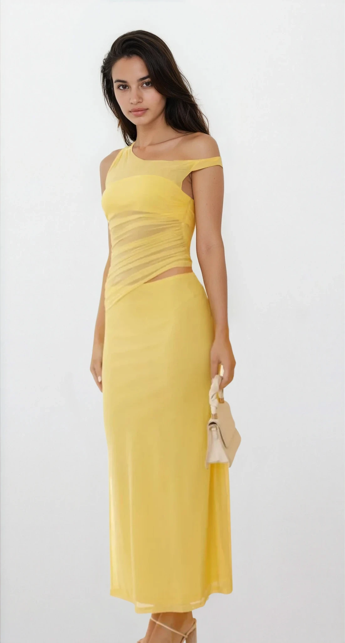 Light blue Echelon asymmetrical cutout sleeveless dress from Trendsi, featuring a modern design with unique cutouts and sleeveless style.
