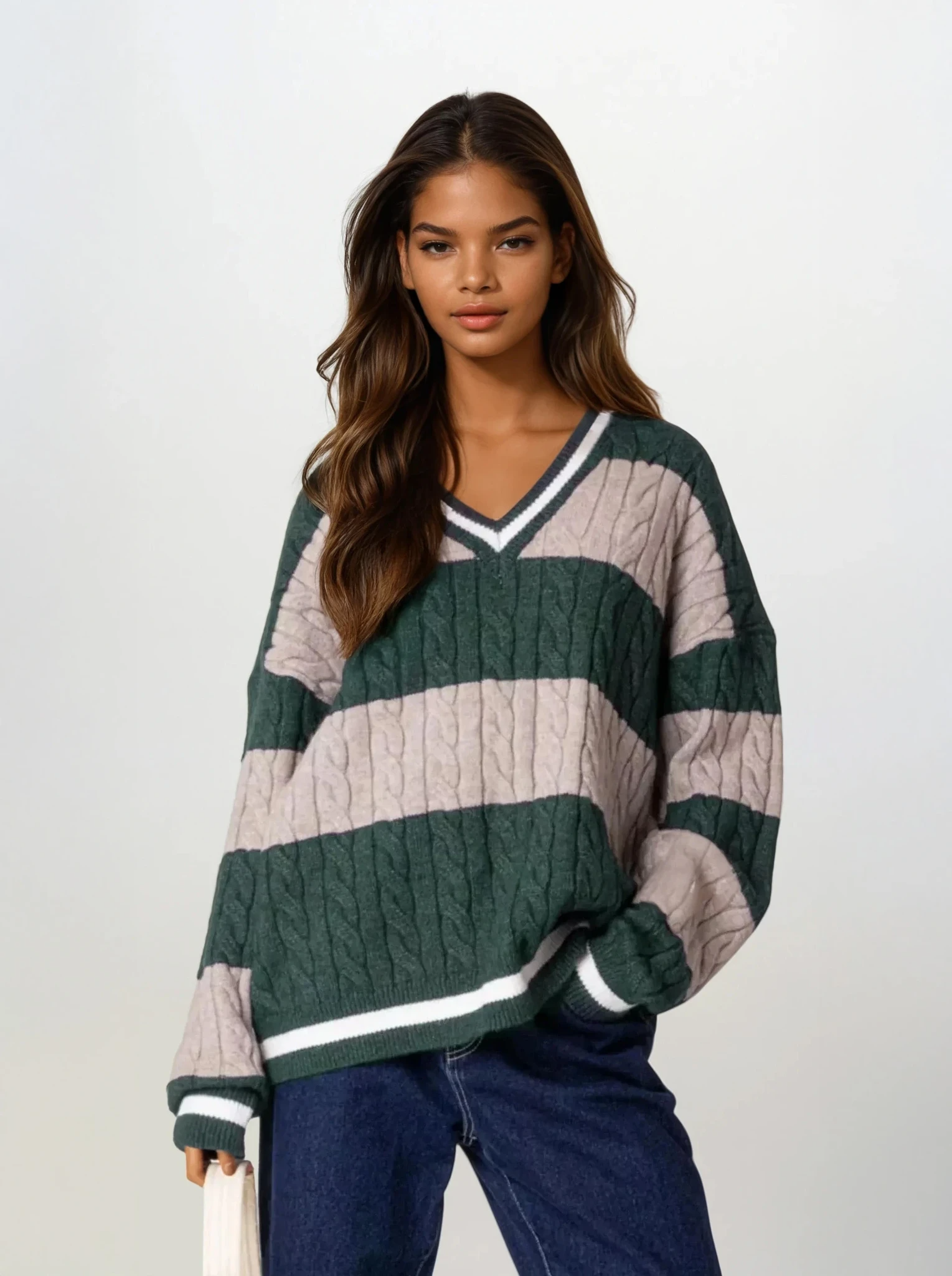 Oversized Striped Cable Knit V-Neck Sweater