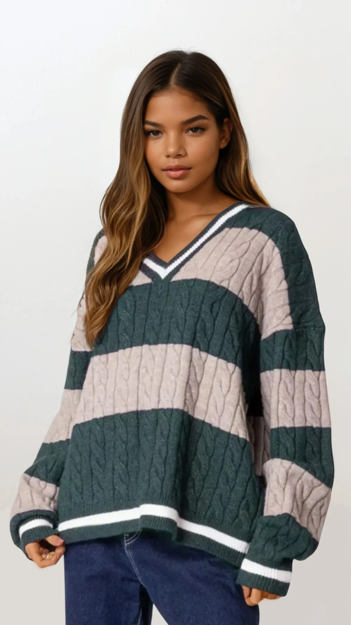Oversized Striped Cable Knit V-Neck Sweater