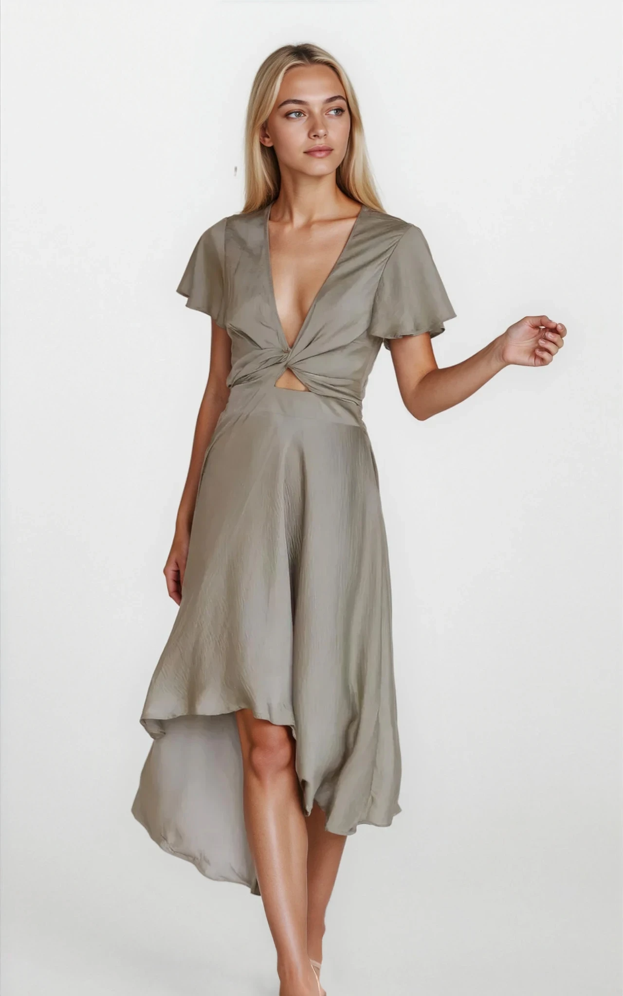 Evolve V-Neck High-Low Flutter Sleeve Dress by Trendsi, shown in a light fabric with a flowing silhouette and flutter sleeves.