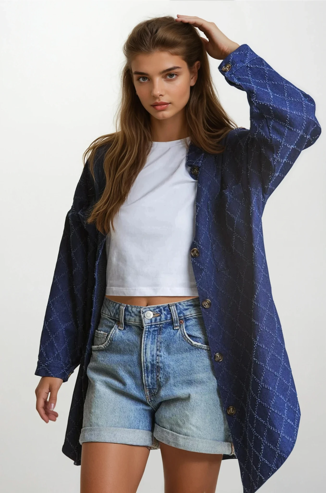 Diamond Stitched Button Up Denim Shacket