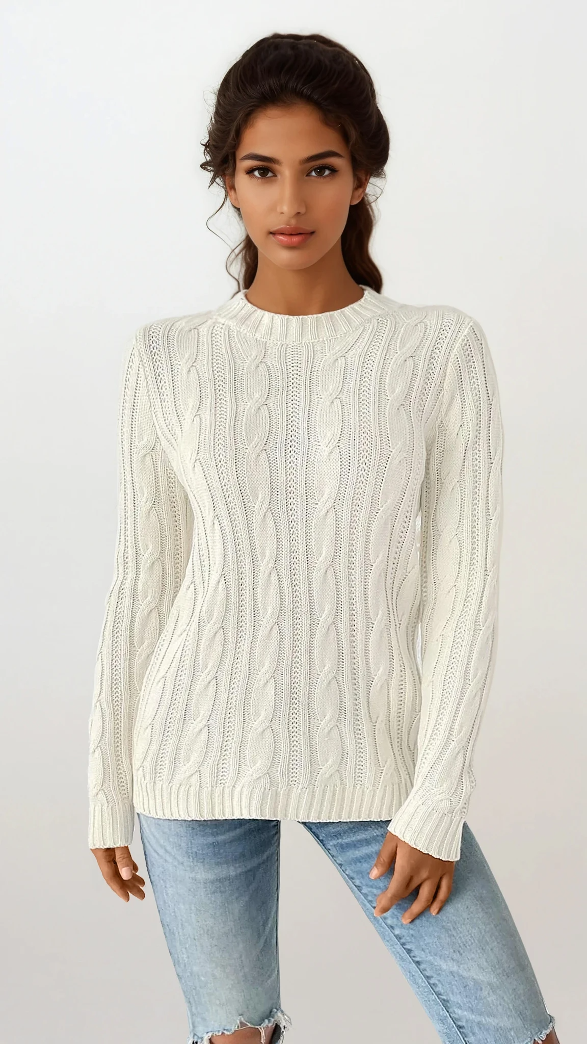 Light blue cable-knit crew neck sweater from Trendsi, made of soft, cozy fabric, featuring a classic cable pattern and ribbed collar.