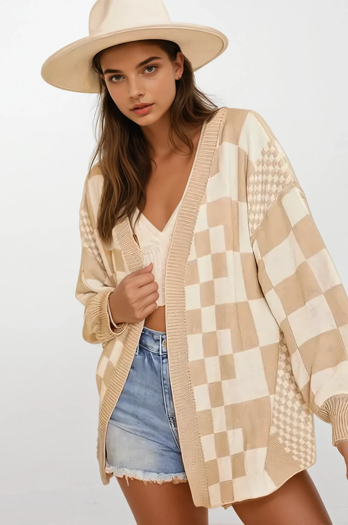 Checkered Open Front Cardigan
