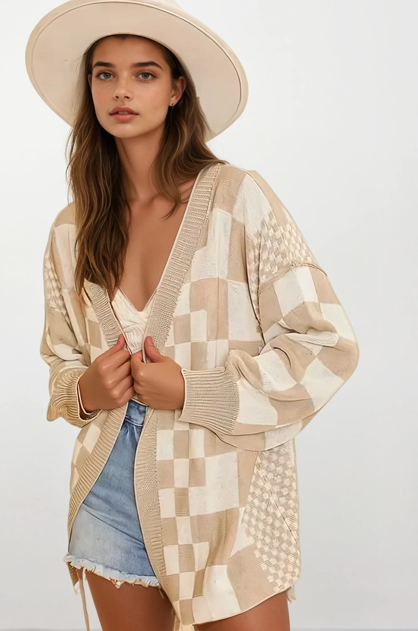 Checkered Open Front Cardigan