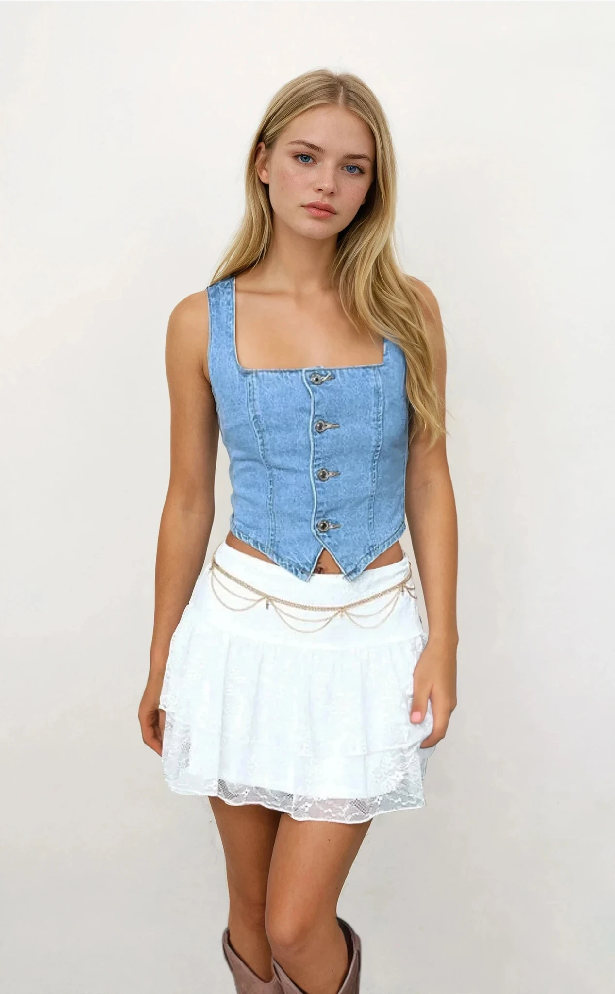 Denim Square Neck Top