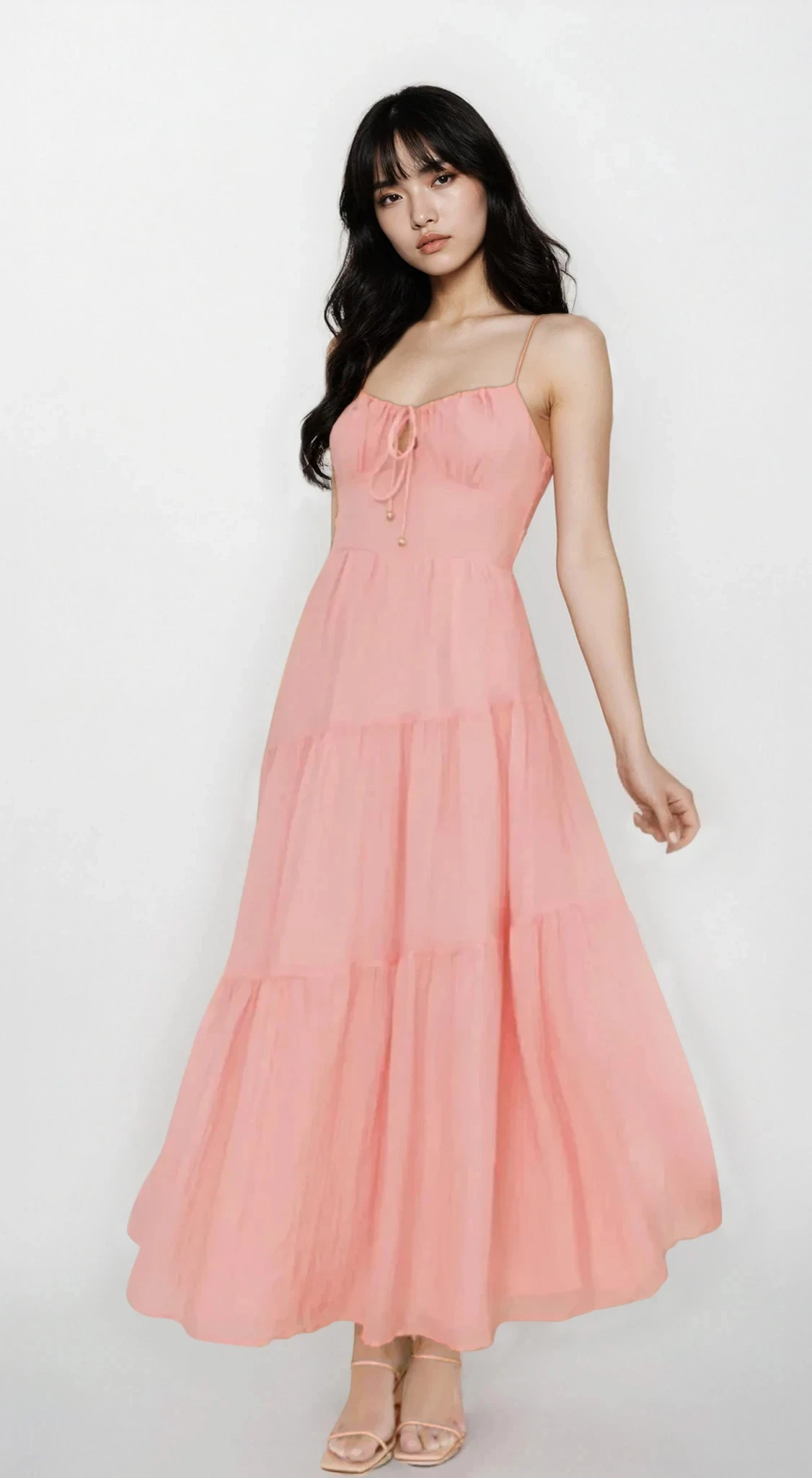 Light-colored Selene Ruched Smocked Back Cami Maxi Dress by Trendsi, featuring a fitted design and ruched detailing.