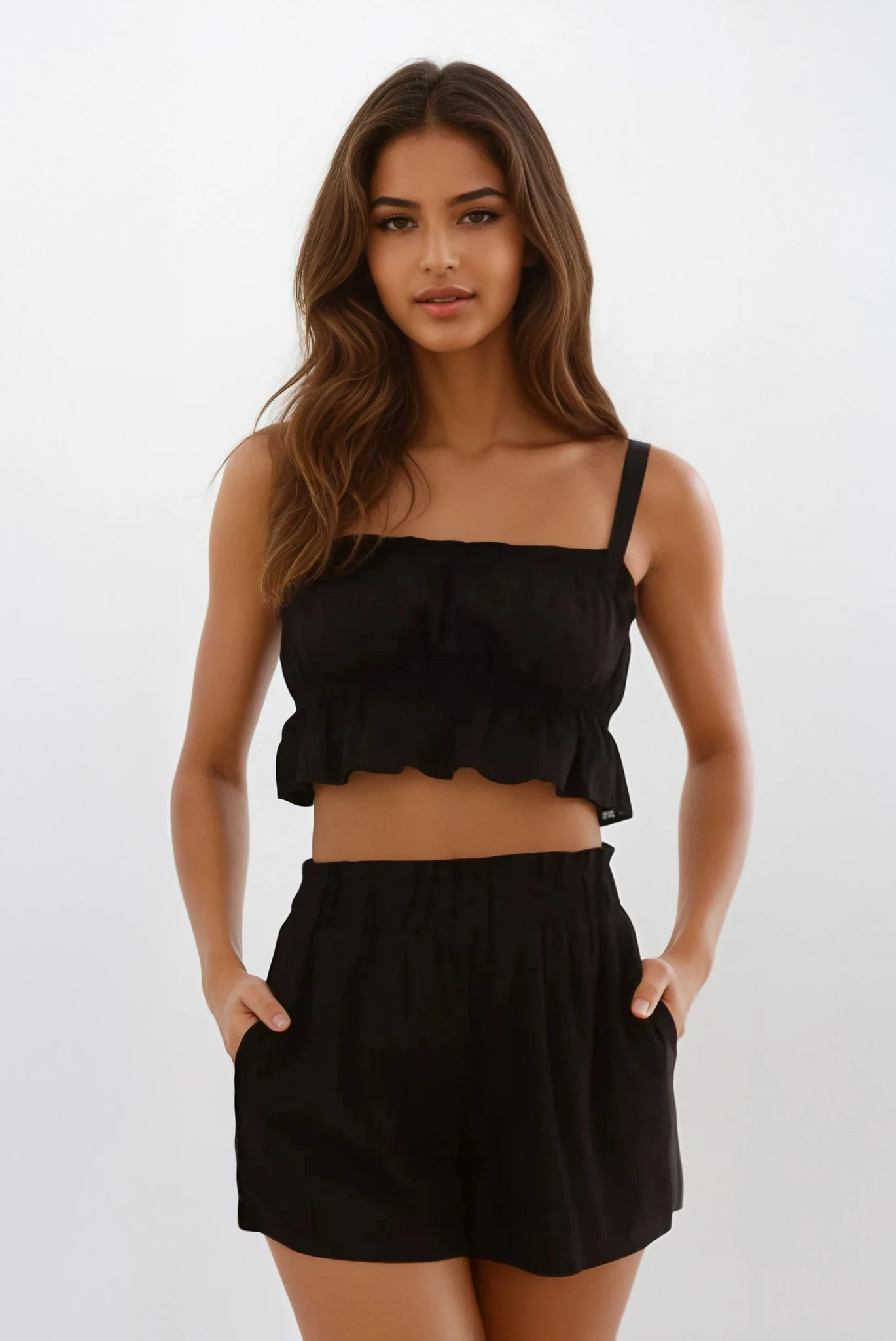 Light blue Ines Ruffle Square Neck Cami and shorts set by Trendsi, featuring ruffle details and a stylish square neckline.