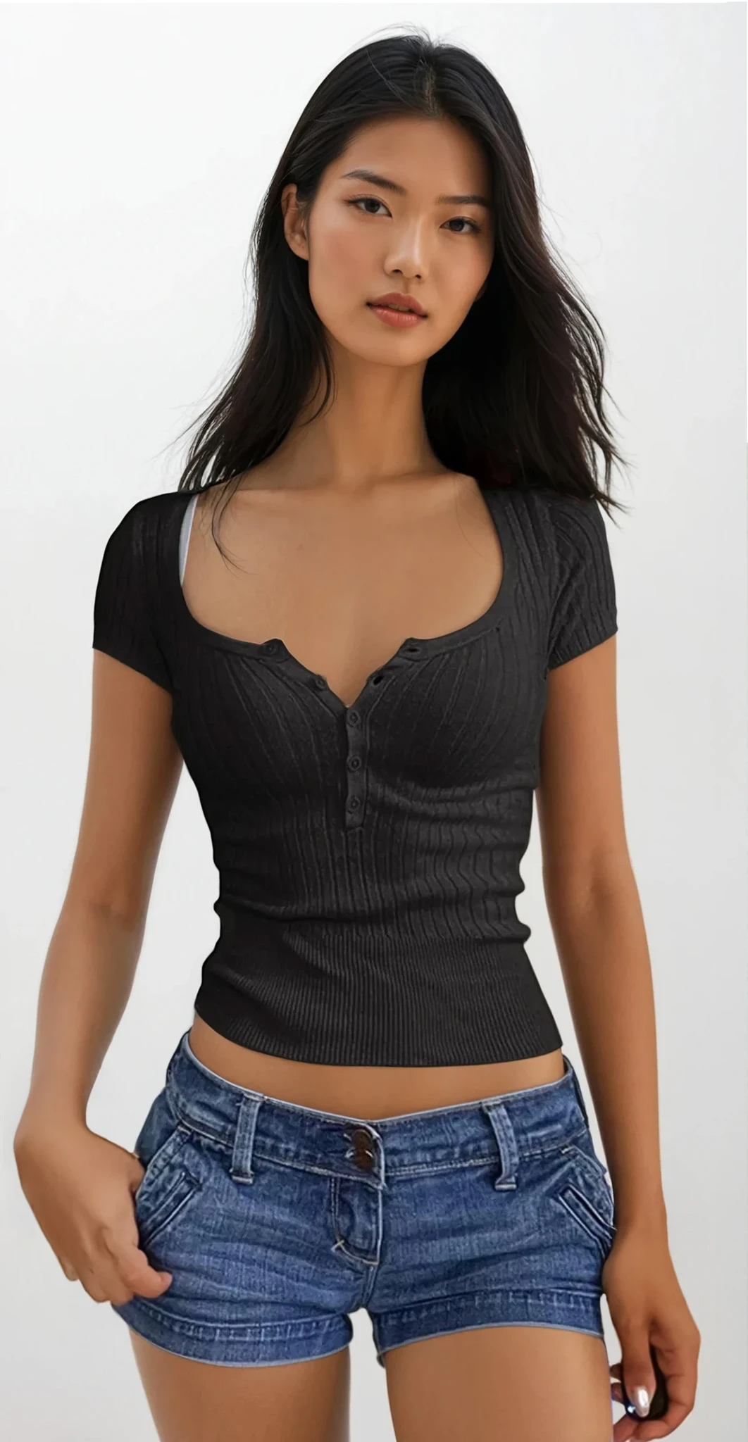 Half Button Scoop Neck Short Sleeve Knit Top