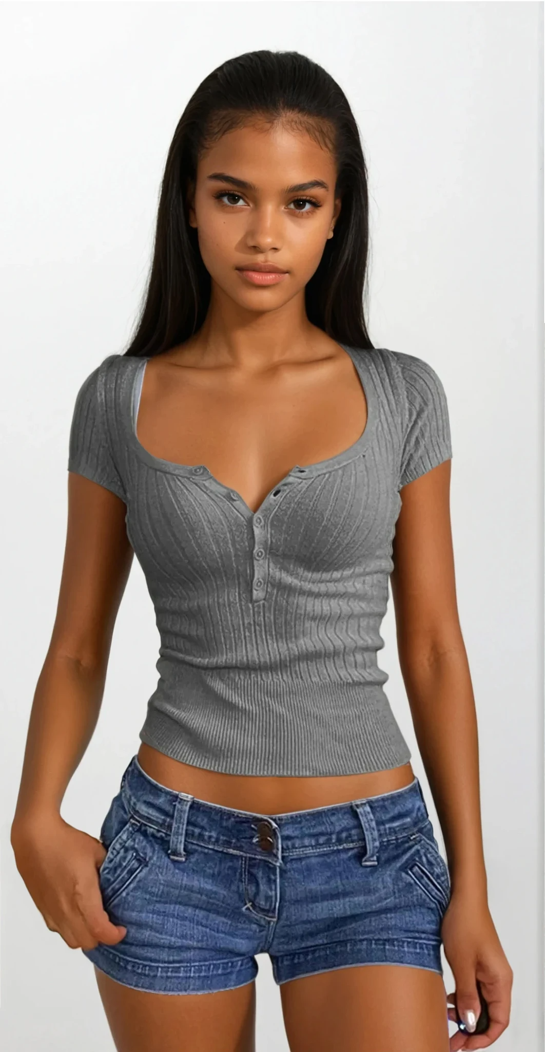 Half Button Scoop Neck Short Sleeve Knit Top