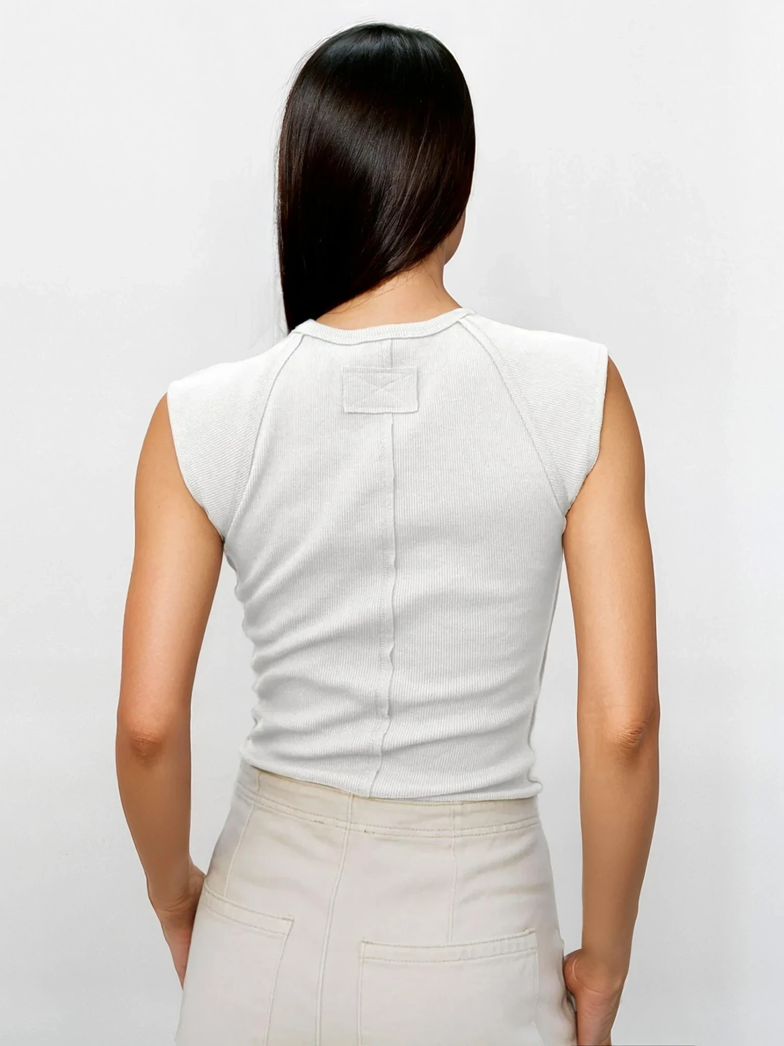 Light gray rib-knit round neck cap sleeve T-shirt from Trendsi, casual clothing with soft fabric and fitted style.