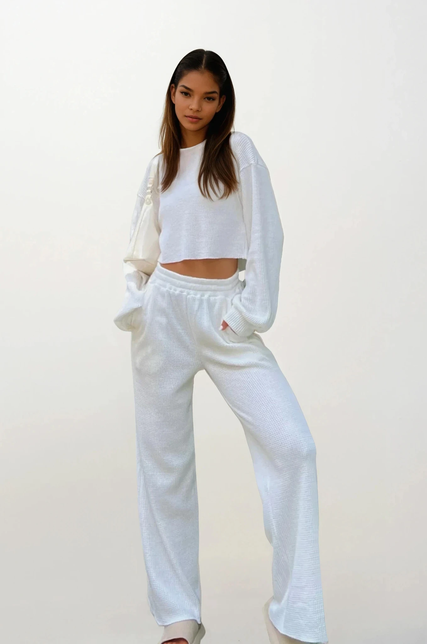 Waffle-Knit Crew Neck Top and Pant Set