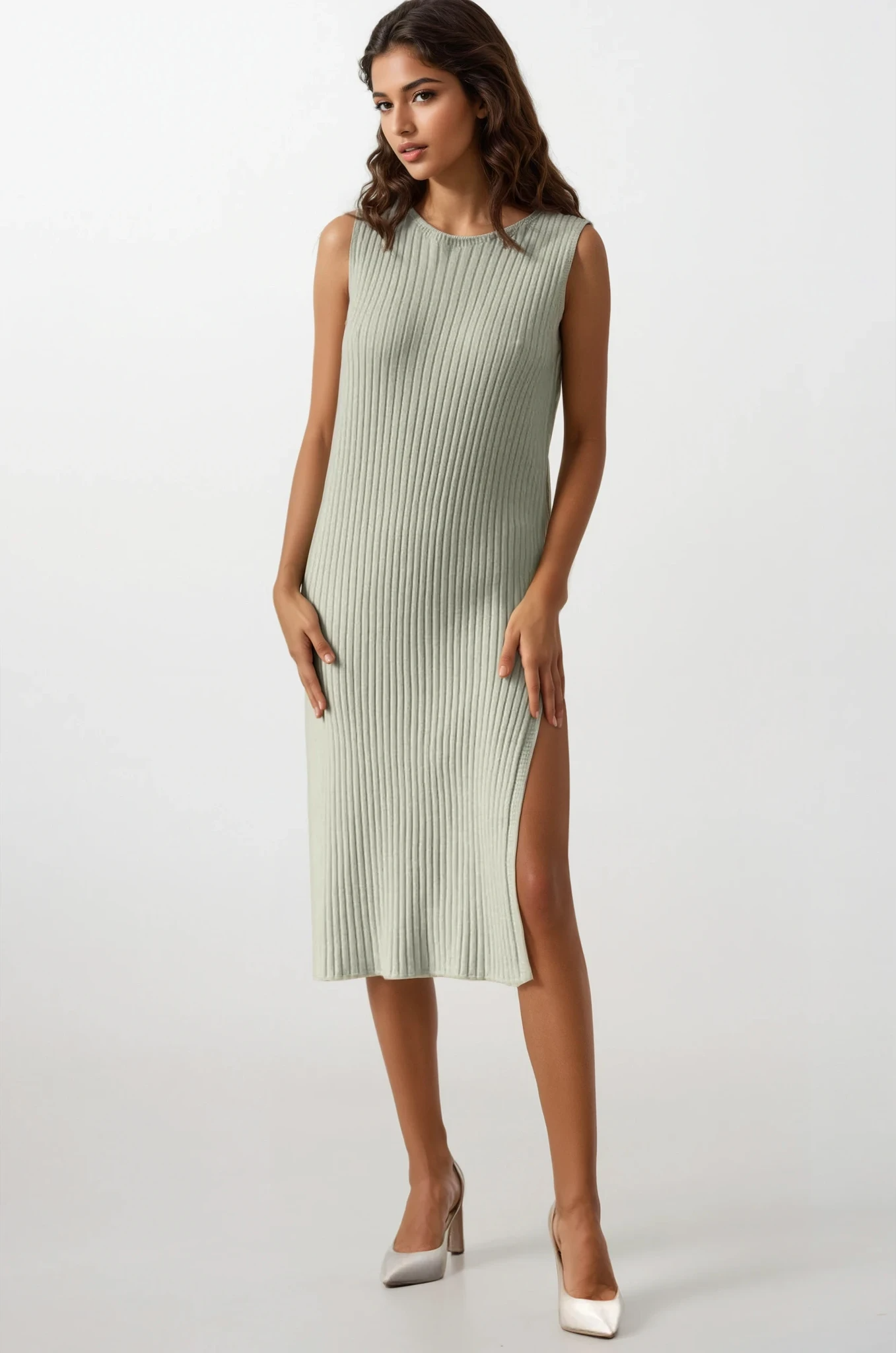 Slit Rib-Knit Sweater Sleeveless Midi Dress