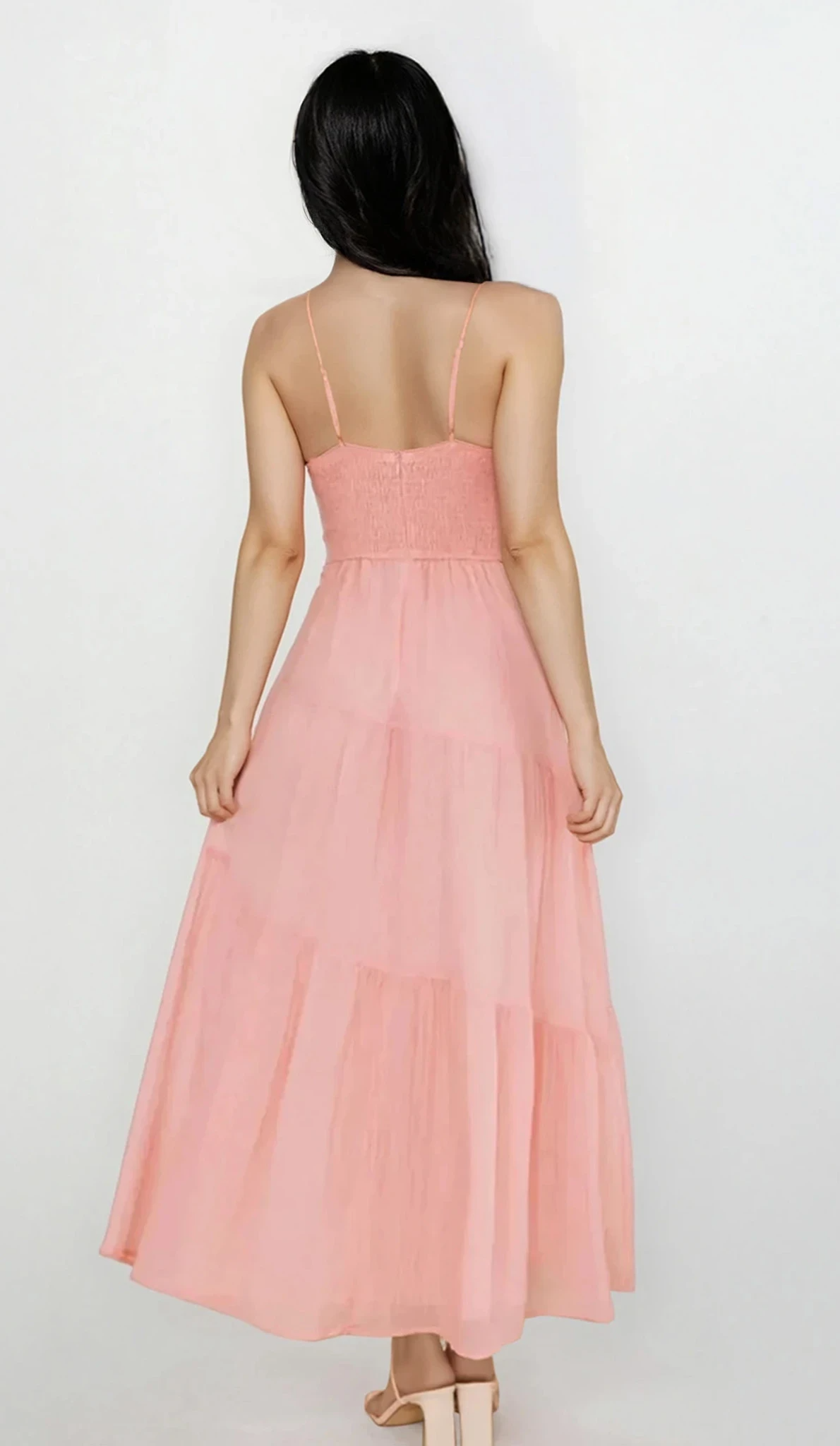 Selene Ruched Smocked Back Cami Maxi Dress in light fabric with adjustable straps and fitted bodice, perfect for casual or summer wear.