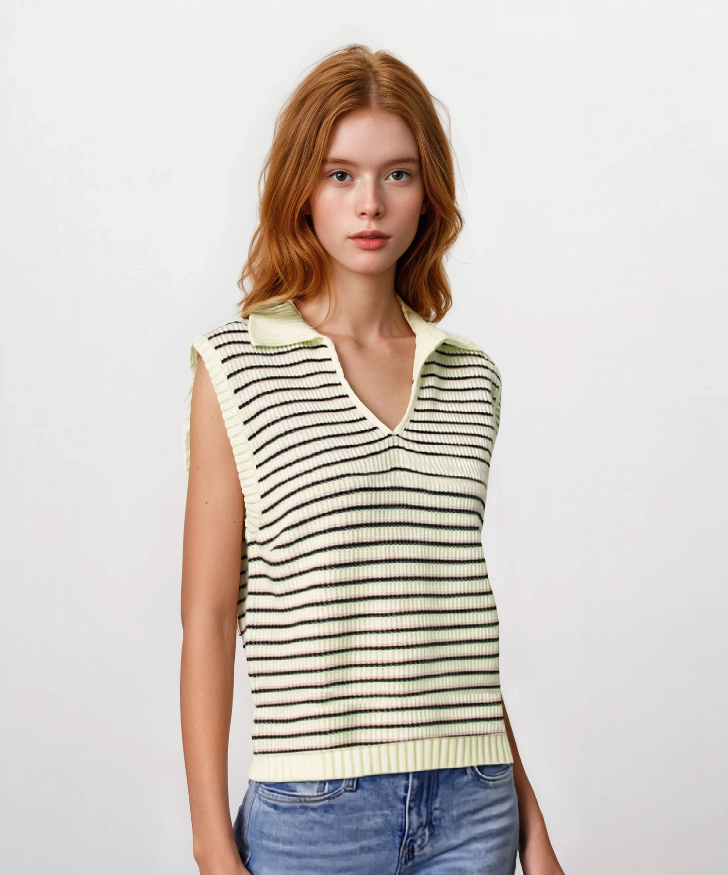 Light blue sailor collar neck knit tank top from Trendsi, featuring a classic sailor-inspired collar and sleeveless design.