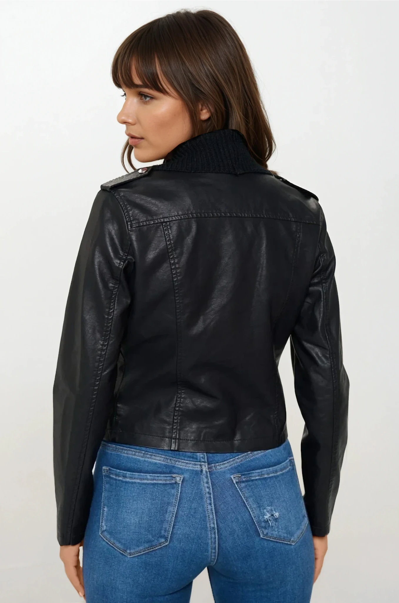 Faux Leather Knit Cropped Jacket