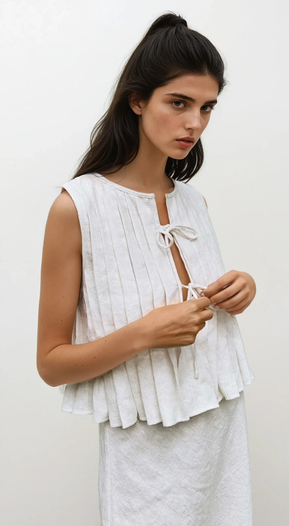 Pleated Tied Round Neck Vest