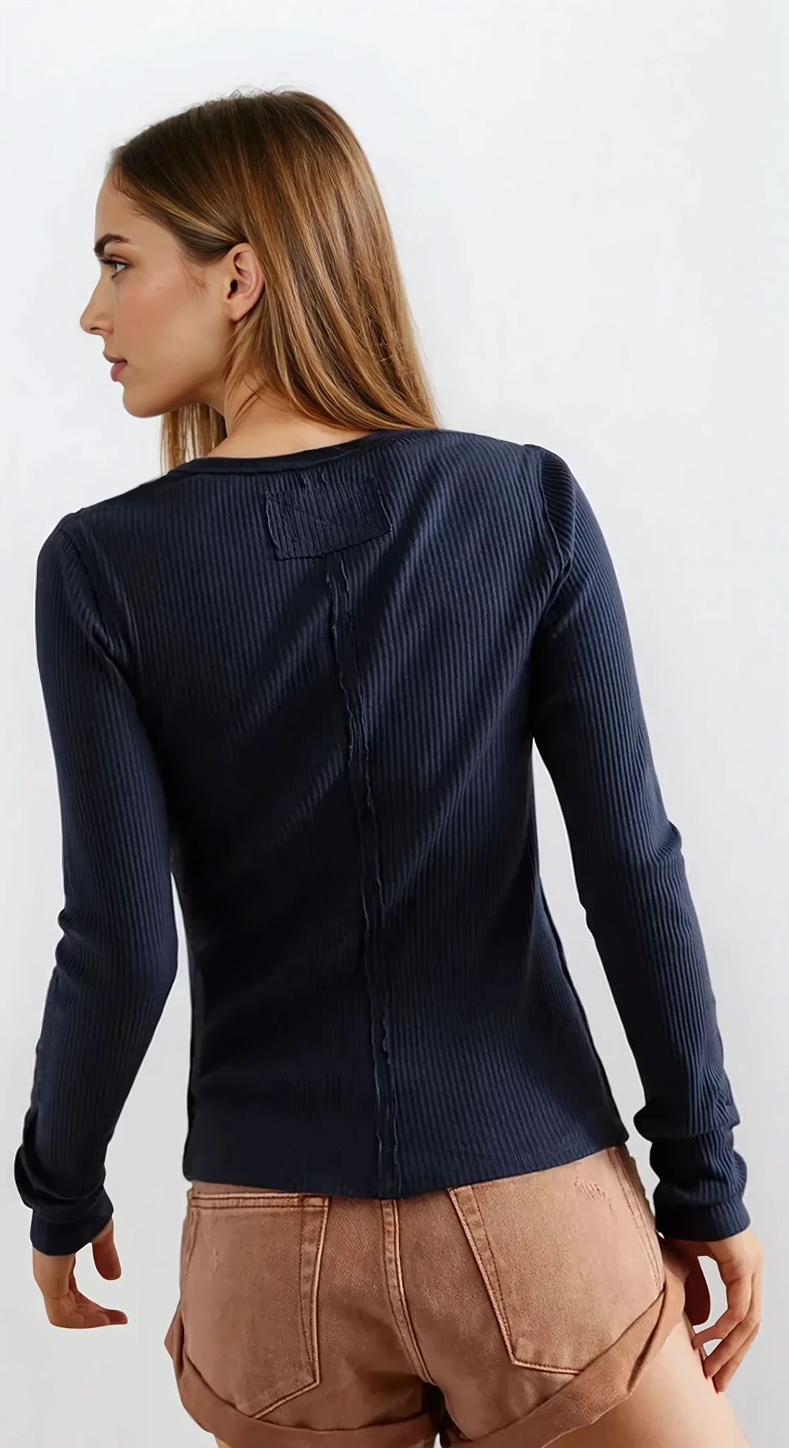 Light blue retro rib-knit long sleeve round neck button-down top by Trendsi, featuring a classic fit and stylish design.