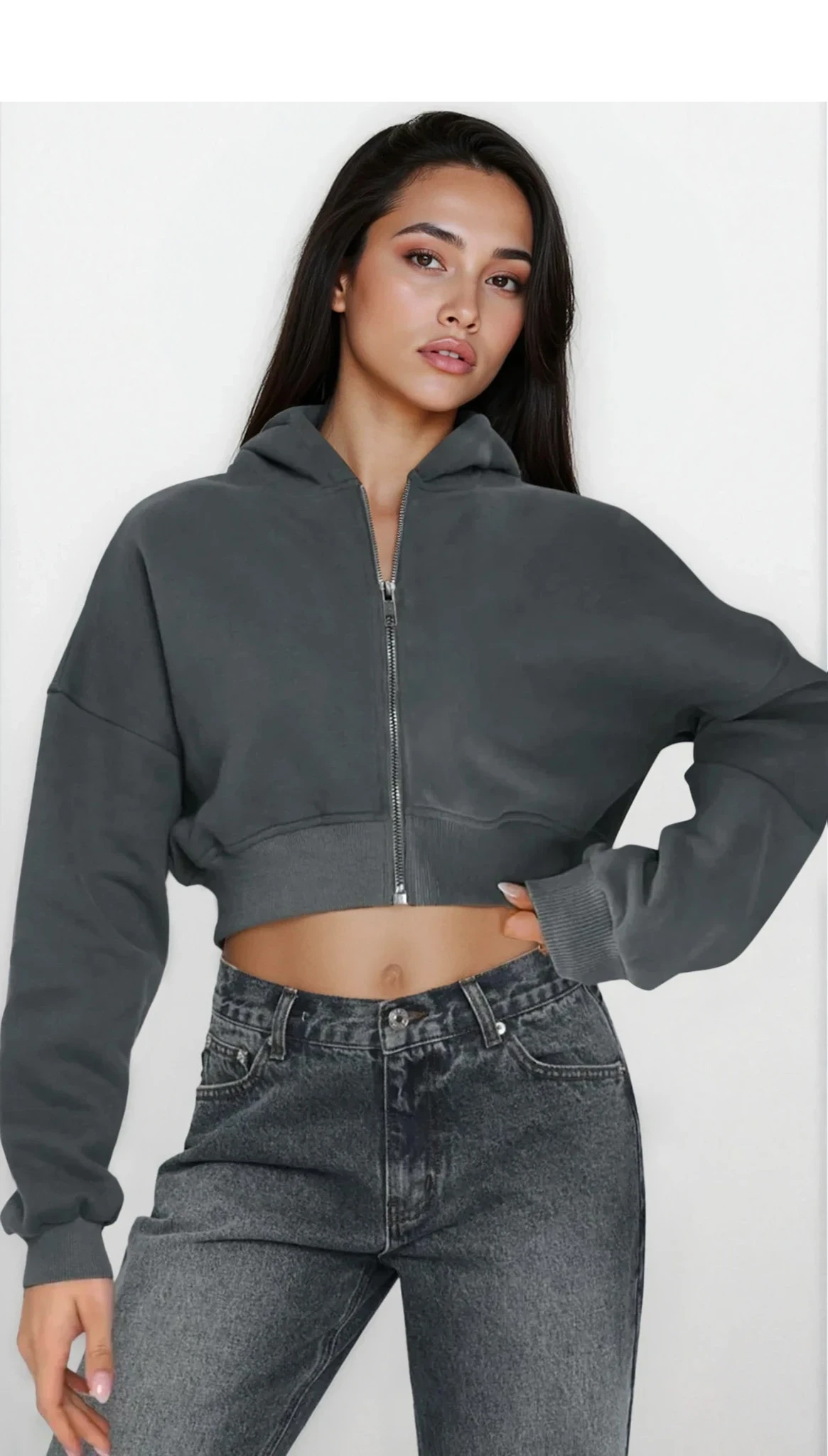 Light gray Downtown Full Zip Cropped Hoodie by Trendsi, featuring a front zipper, hood, and cropped fit, displayed on a mannequin.
