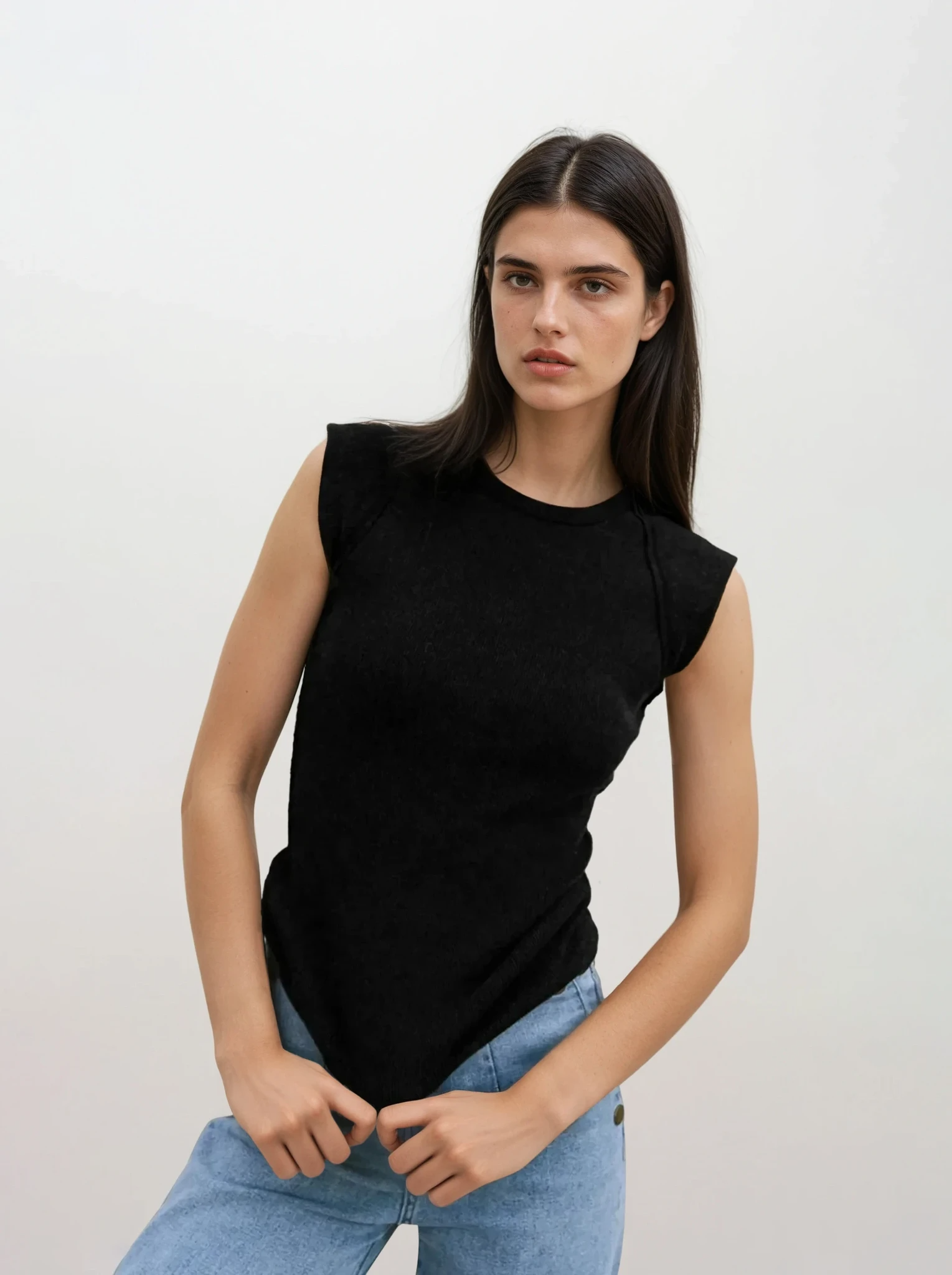 Rib-knit round neck cap sleeve T-shirt by Trendsi, light-colored, fitted casual clothing top with textured fabric.