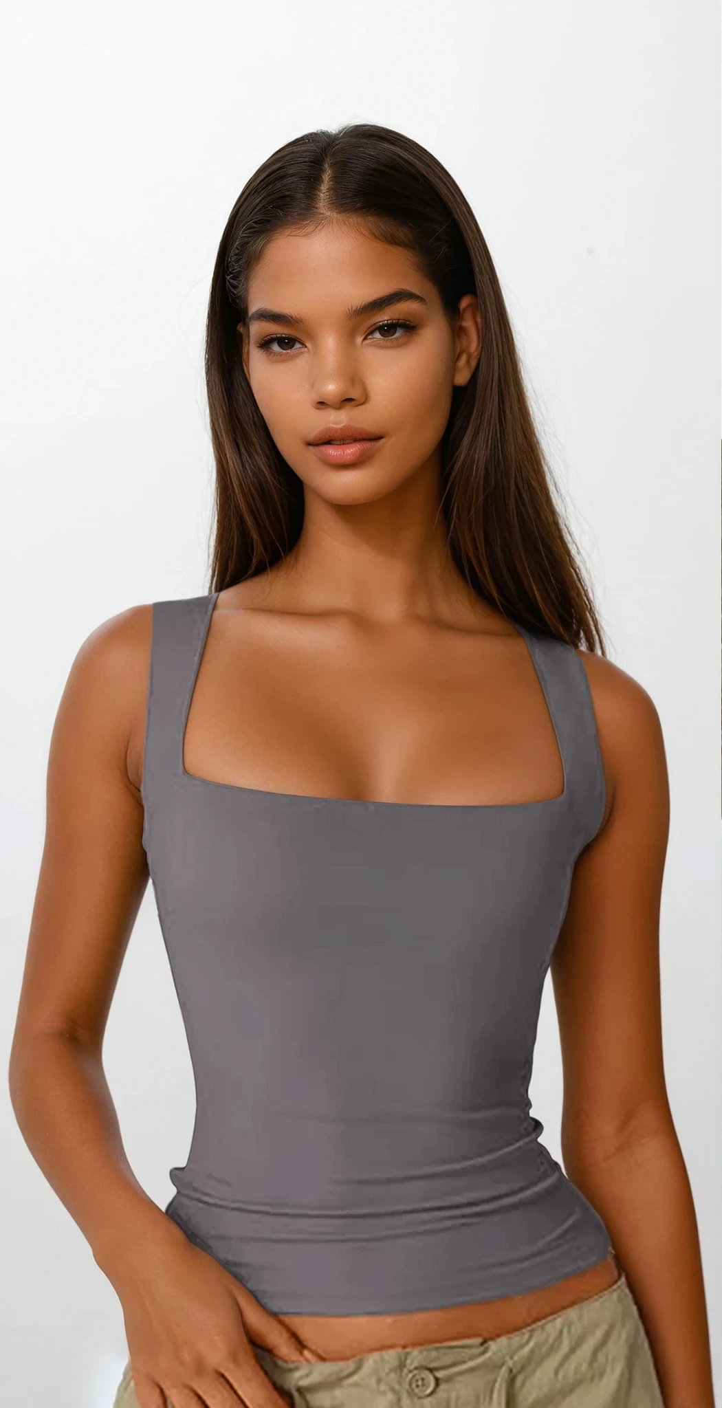 Light gray Everyday Square Neck Wide Strap Tank top from Trendsi, featuring a square neckline and wide straps, casual clothing style.