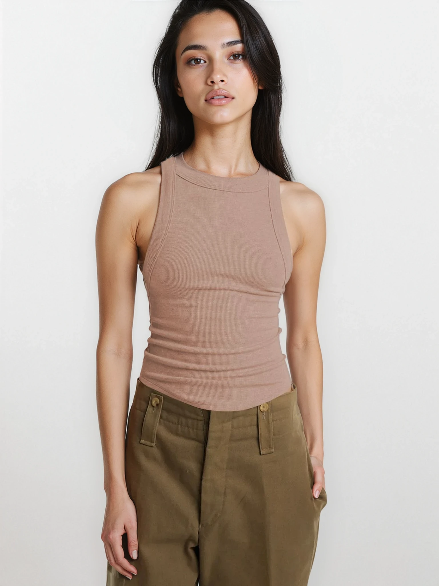 Light grey rib-knit halter neck sleeveless cropped tank top by Trendsi, close-up of fabric and halter strap details.