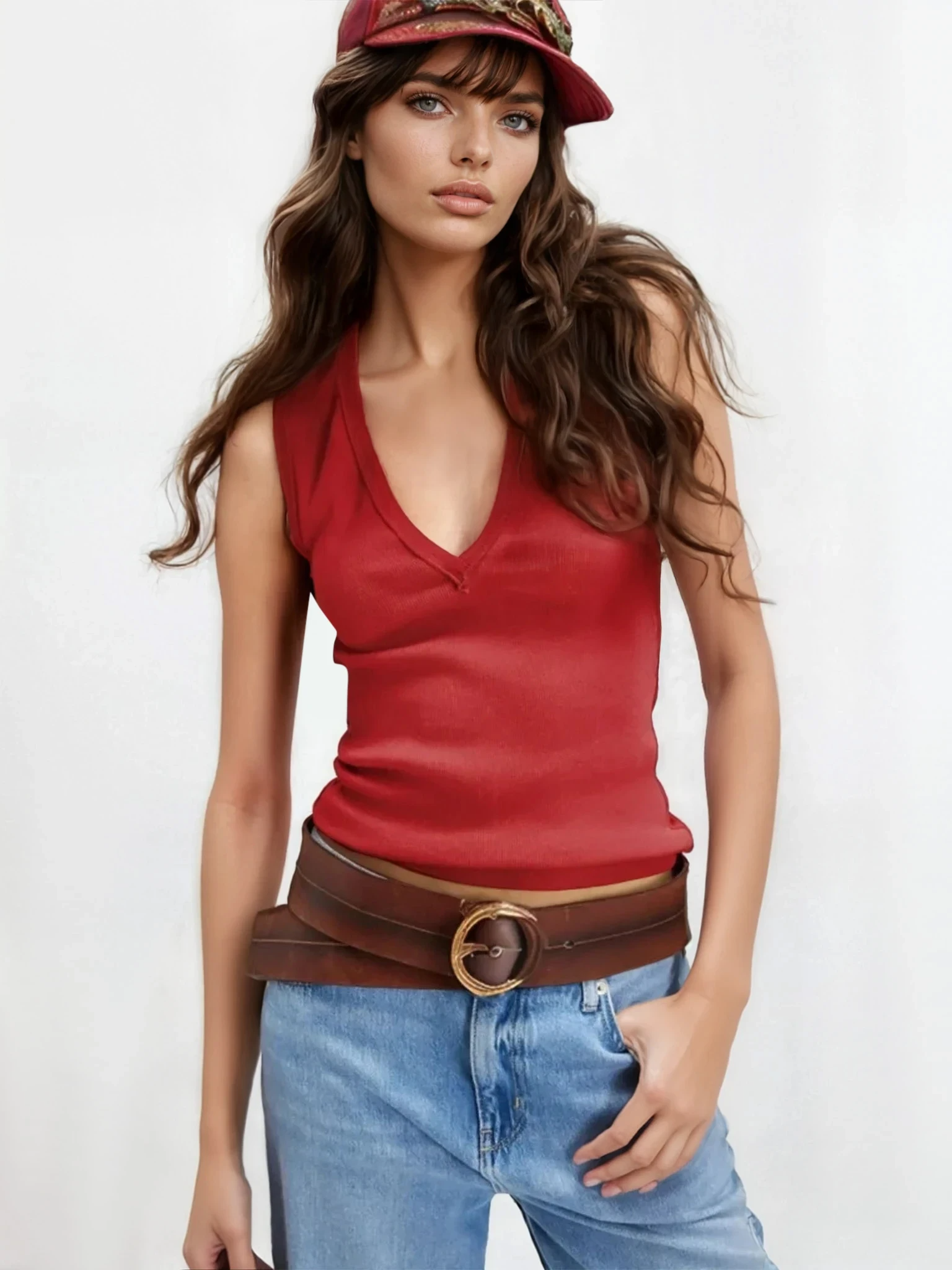 Light-colored V-neck tank top from Trendsi, featuring a simple core cover design, worn as casual or layering clothing.