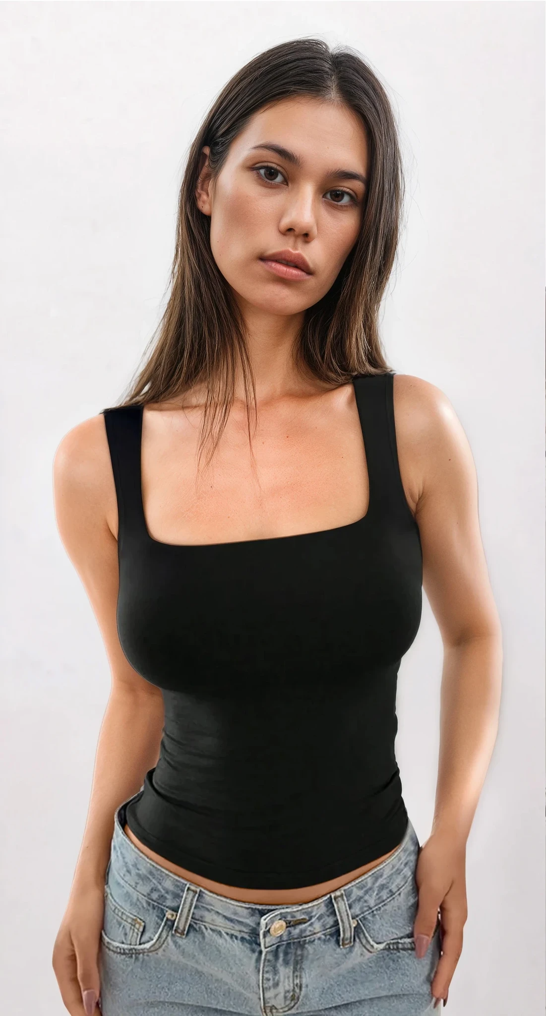 Light beige square neck wide strap tank top from Trendsi, featuring a fitted design and minimalist style for casual wear.