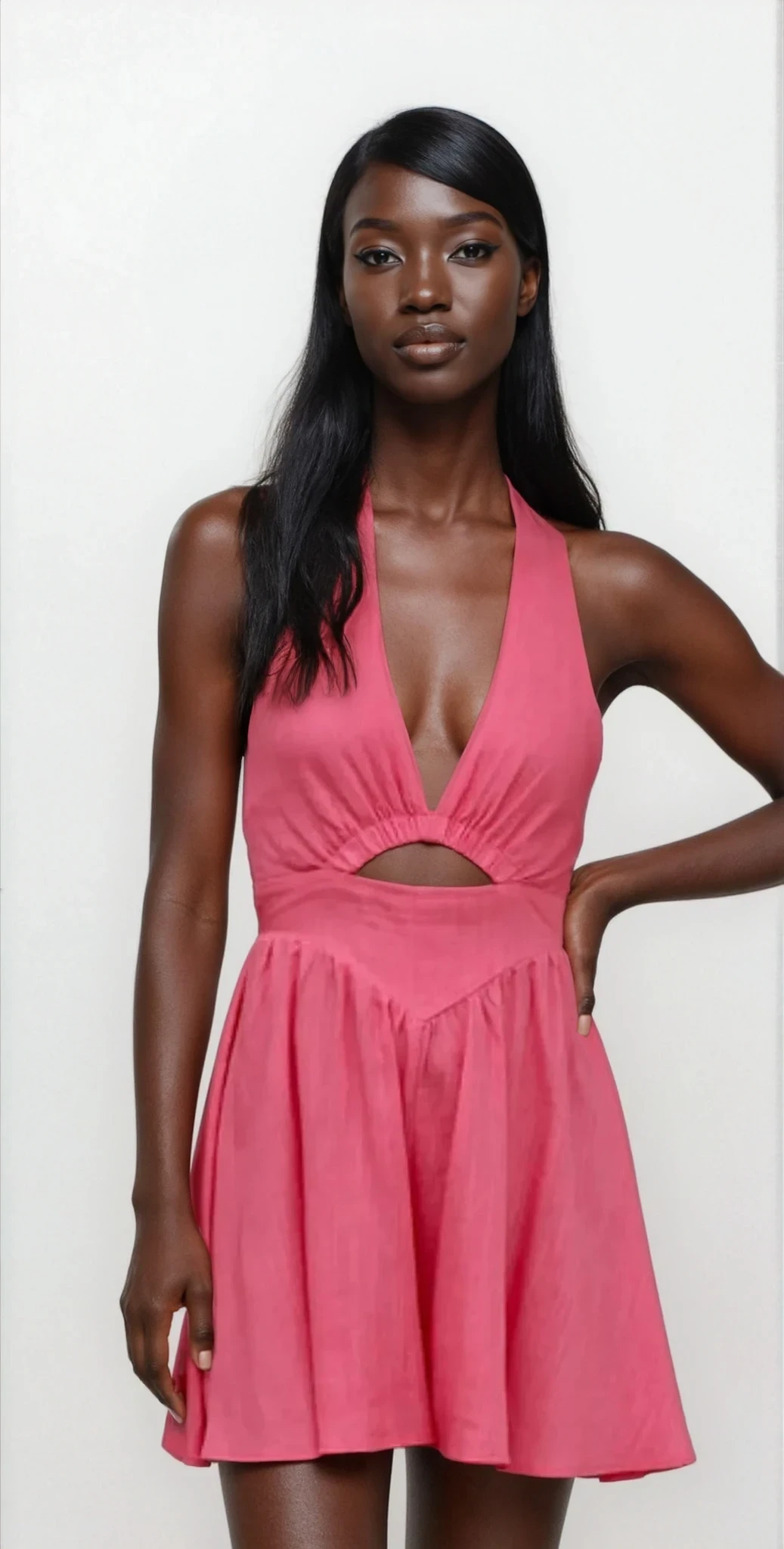 Light blue Lumina Cutout Halter Neck Mini Dress by Trendsi, featuring a stylish halter neckline and modern cutout design.