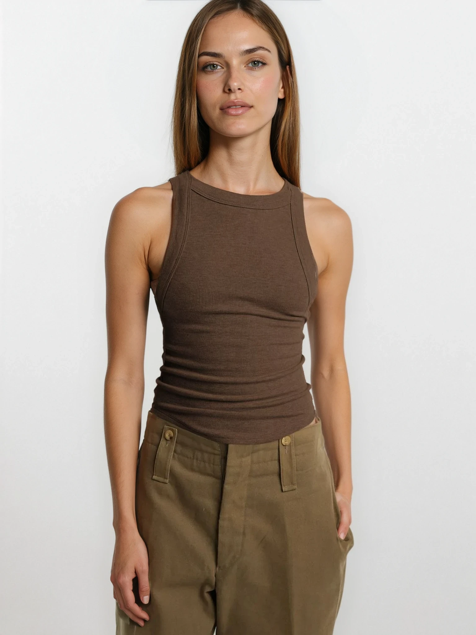 Light gray sleeveless rib-knit cropped tank top with halter neck from Trendsi, perfect for casual summer wear.